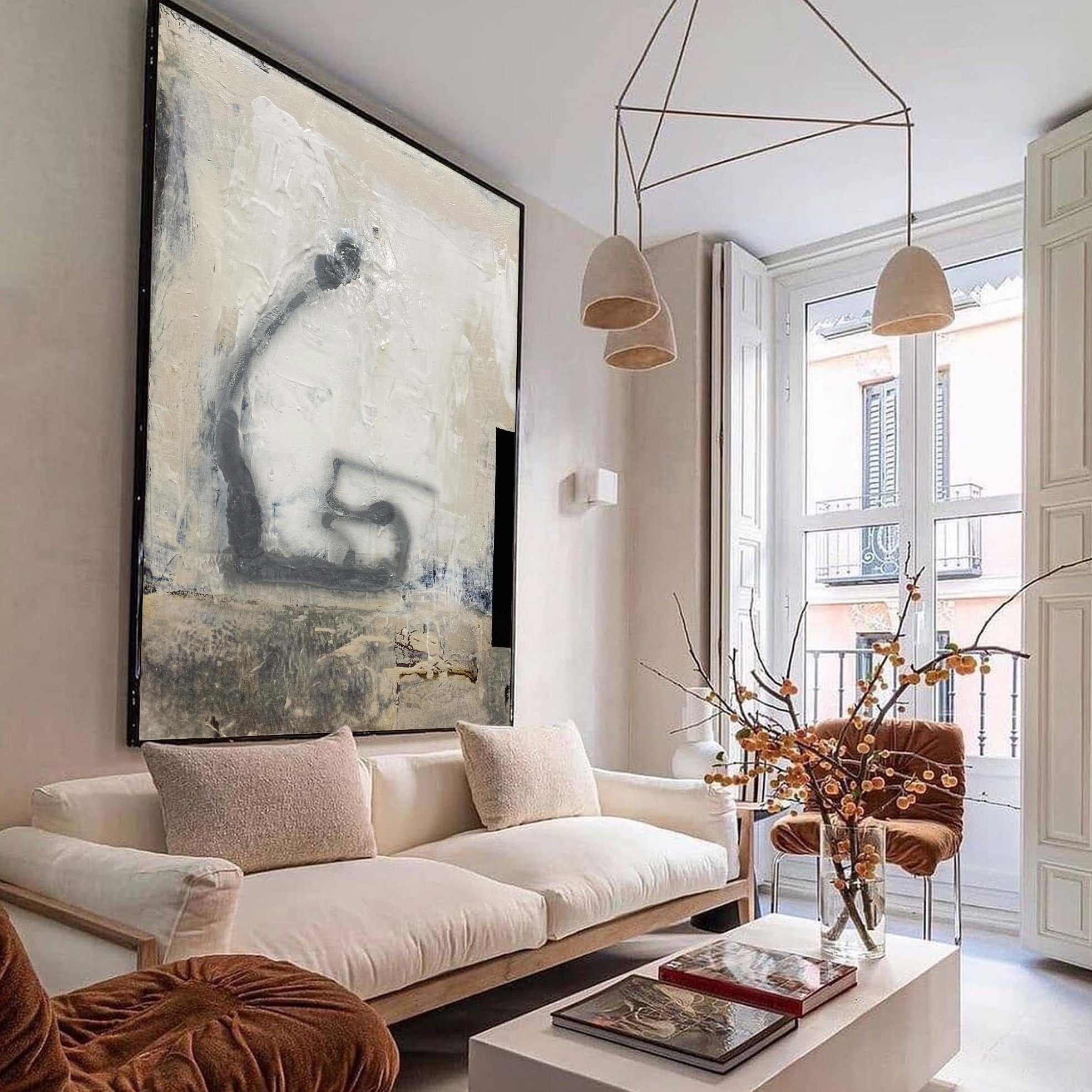 Abstract Beige Grey Black Brush Stroke Painting