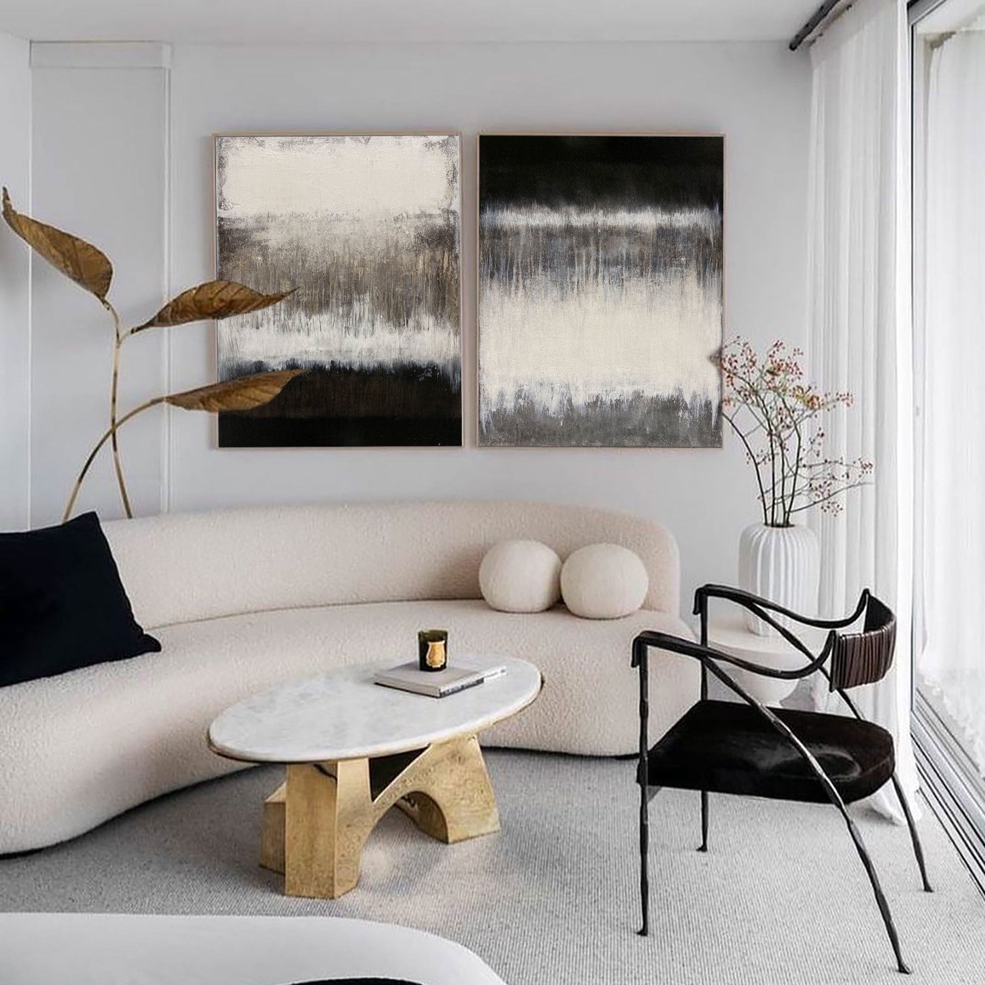 Black‑White‑Taupe Vertical 2‑Panel Gradient‑Textured Artwork