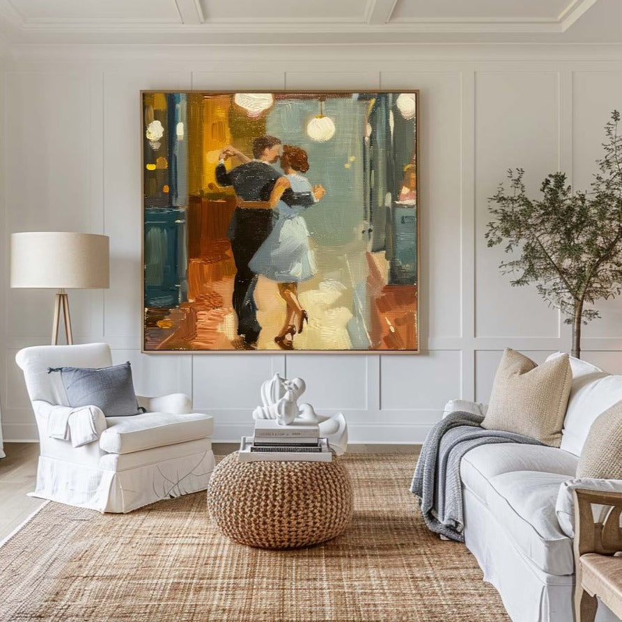 Romantic Dancing Couple Figure Warm‑Tone Vivid Brushstroke Textured Artwork