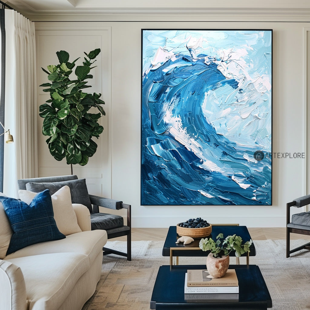 Crashing Ocean Surf Abstract Blue‑Tone Heavy Impasto Raised‑Texture Artwork