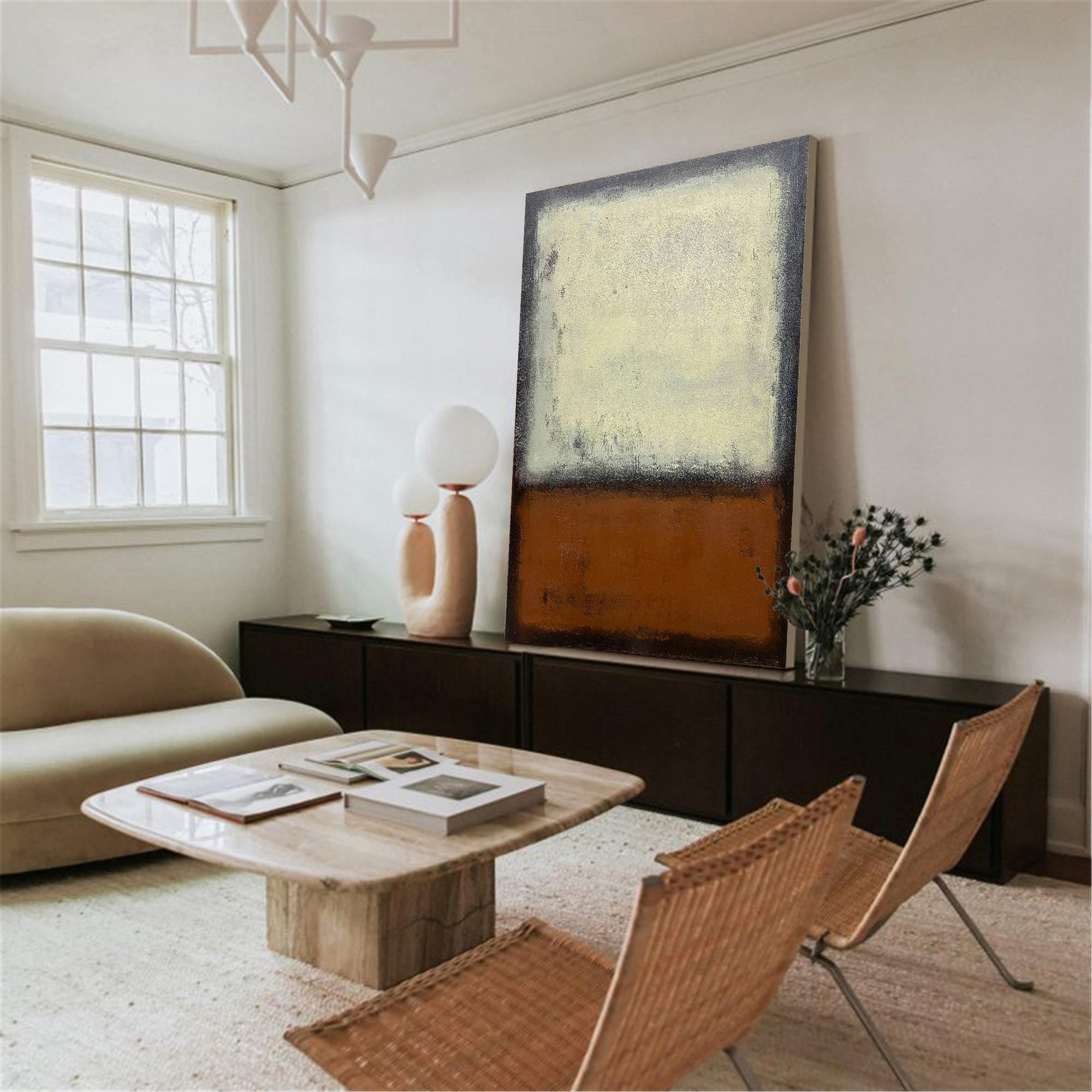 Rust‑Cream Vertical Block‑Contrast Framed Impasto Textured Artwork