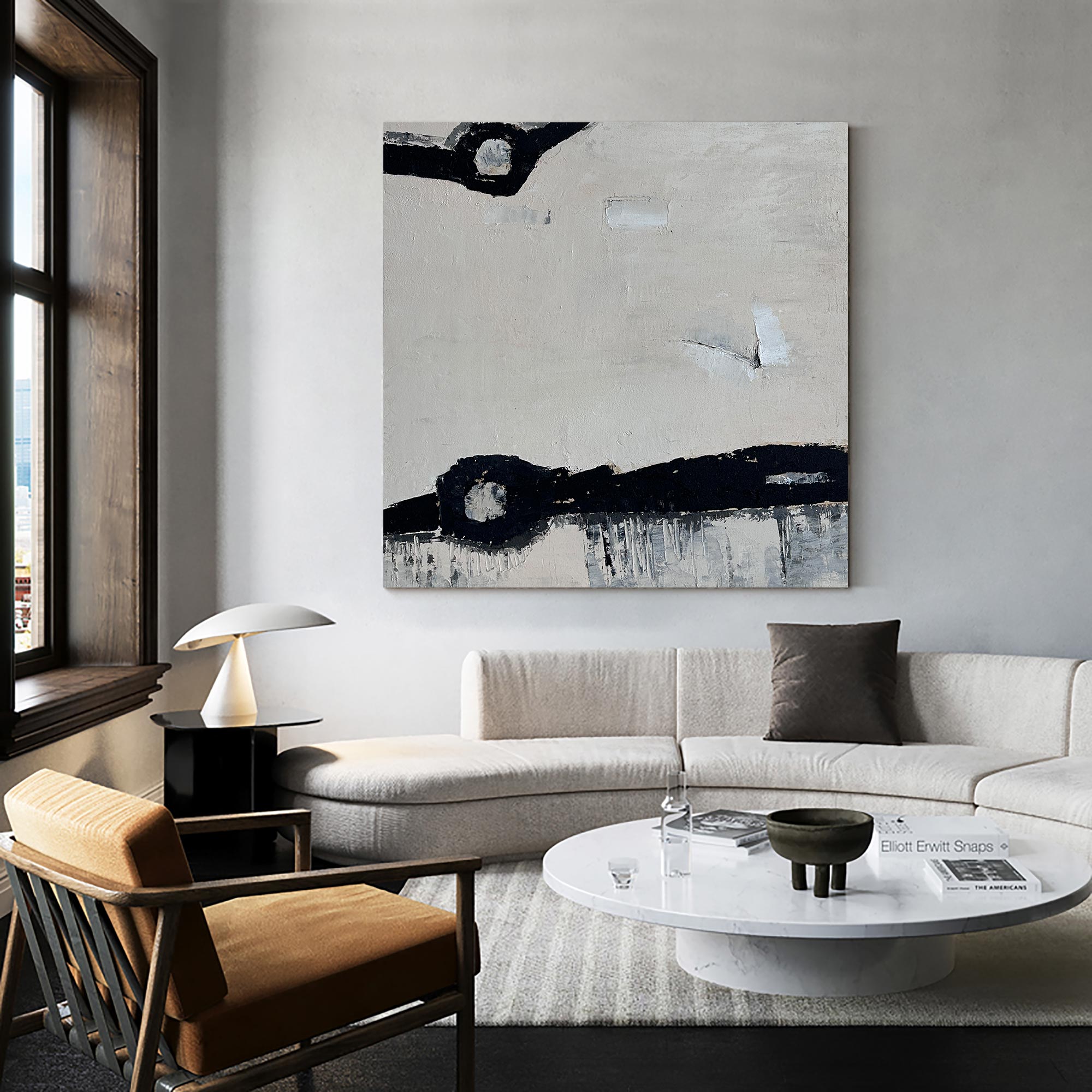 Beige‑Black Square Minimal‑Mark Impasto‑Textured Artwork