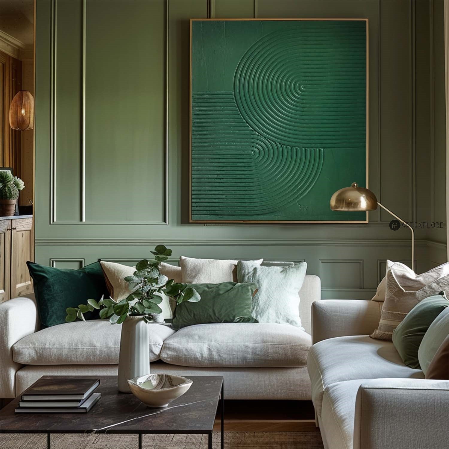 Green Concentric Circle Relief Canvas Art
