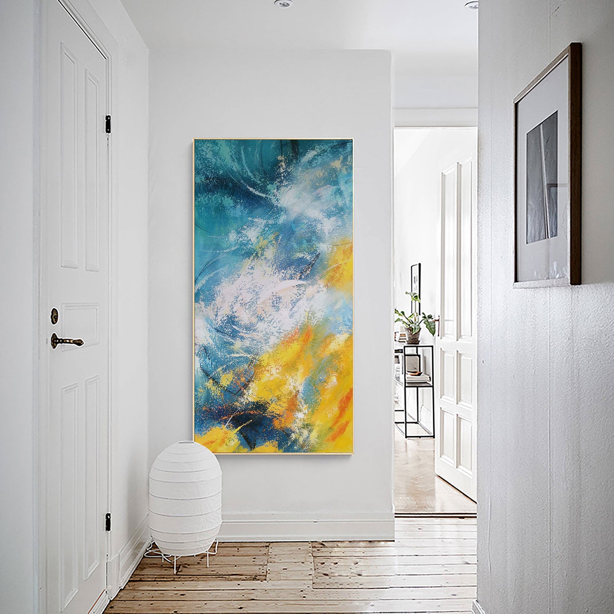 Vertical Abstract Blue Gold Ocean Waves Oil Acrylic Linen Canvas Painting