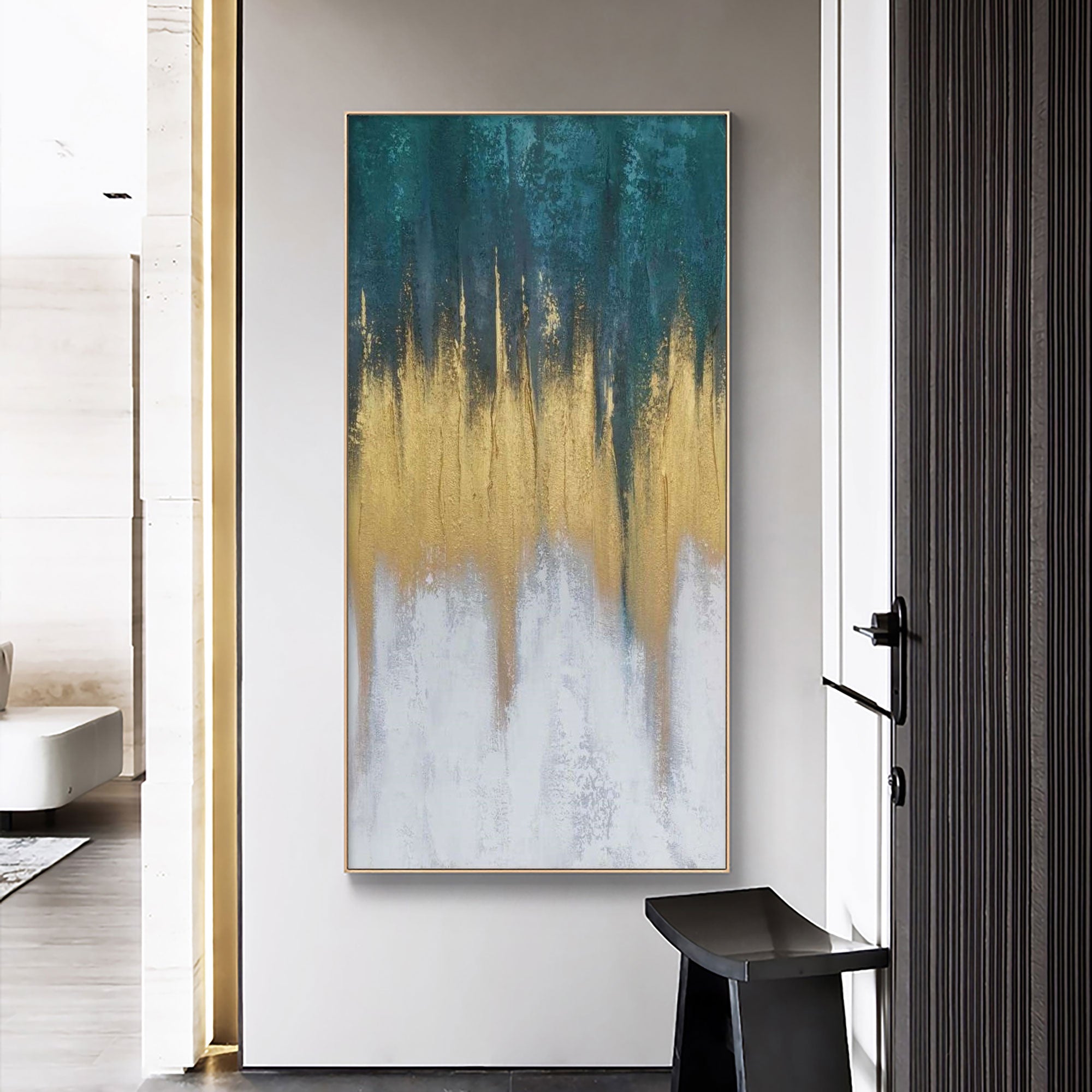 Vertical Abstract Teal Gold Ombre Cascading Light Oil Acrylic Linen Canvas Painting