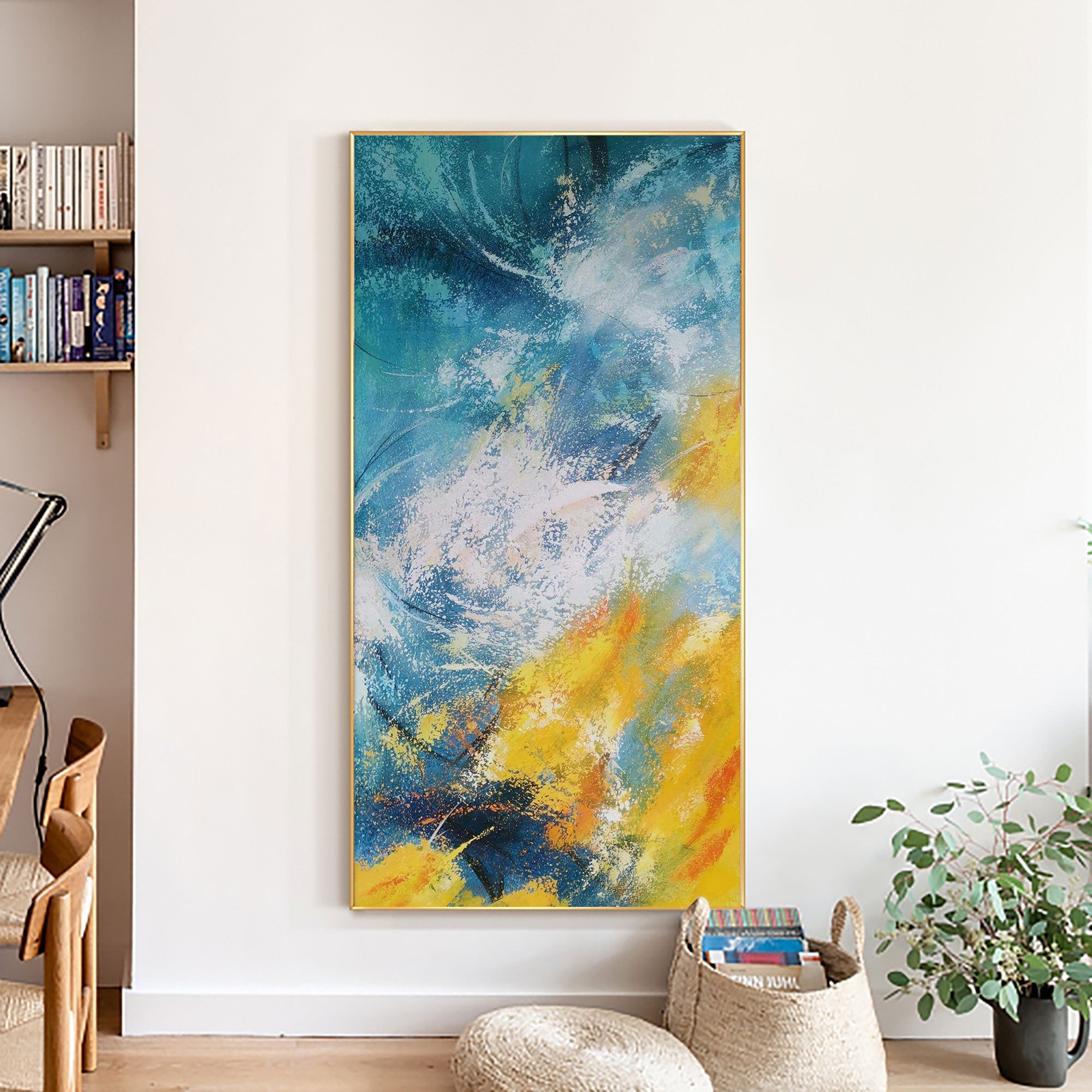 Vertical Abstract Blue Gold Ocean Waves Oil Acrylic Linen Canvas Painting