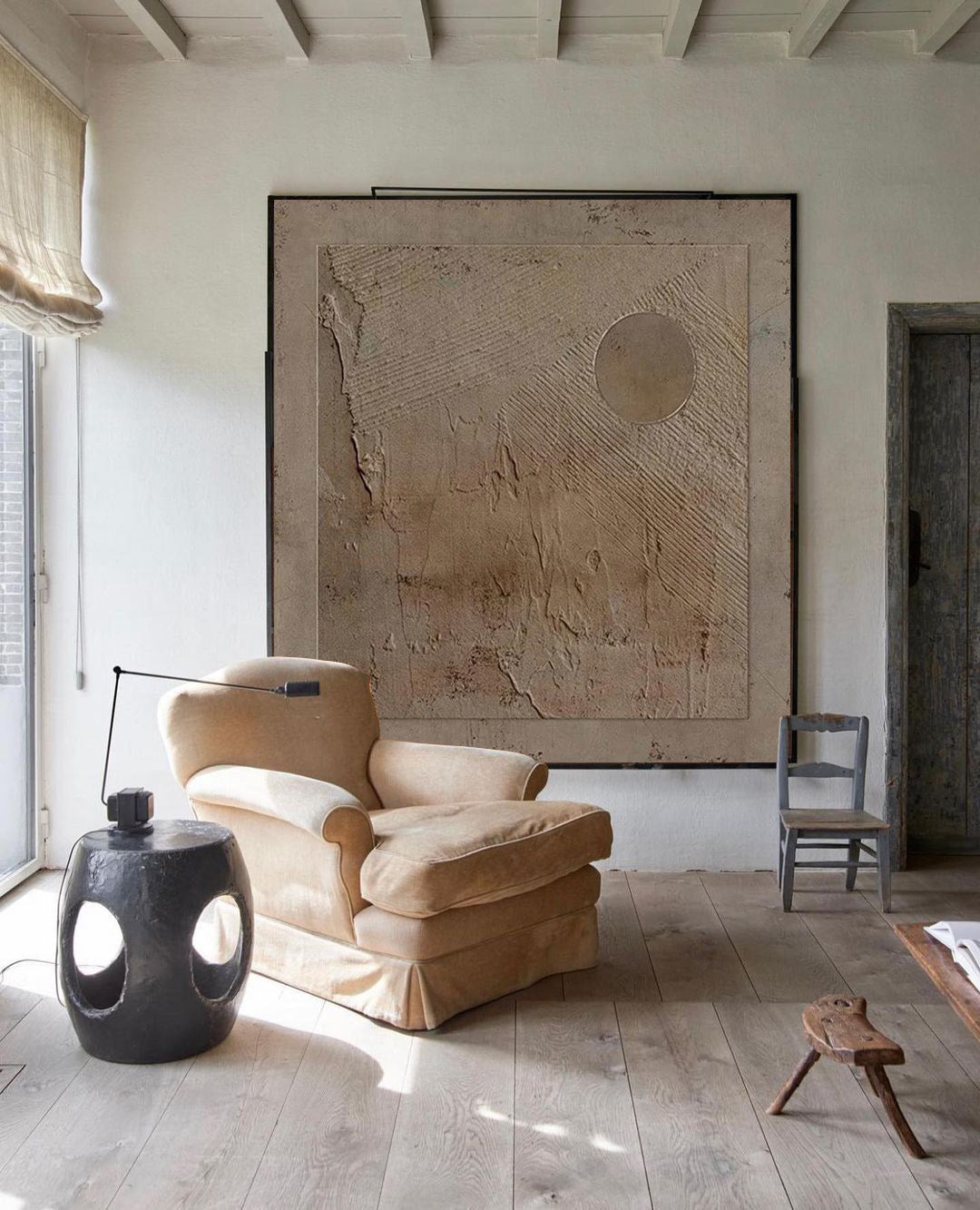 Taupe‑Beige Square Circle‑Motif Distressed‑Textured Artwork