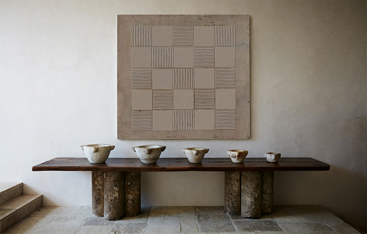 Beige‑Taupe Square Grid‑Line Raised‑Textured Artwork