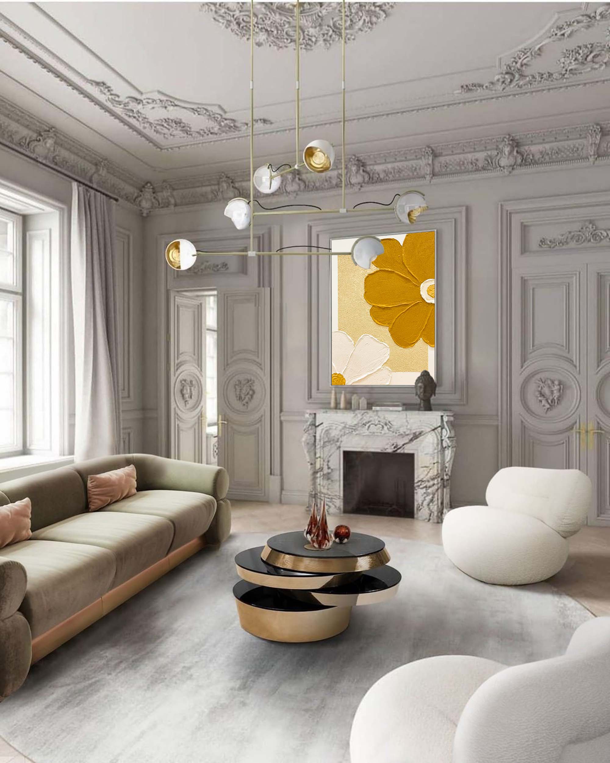 Wall Art Golden Yellow White Daisy Geometric