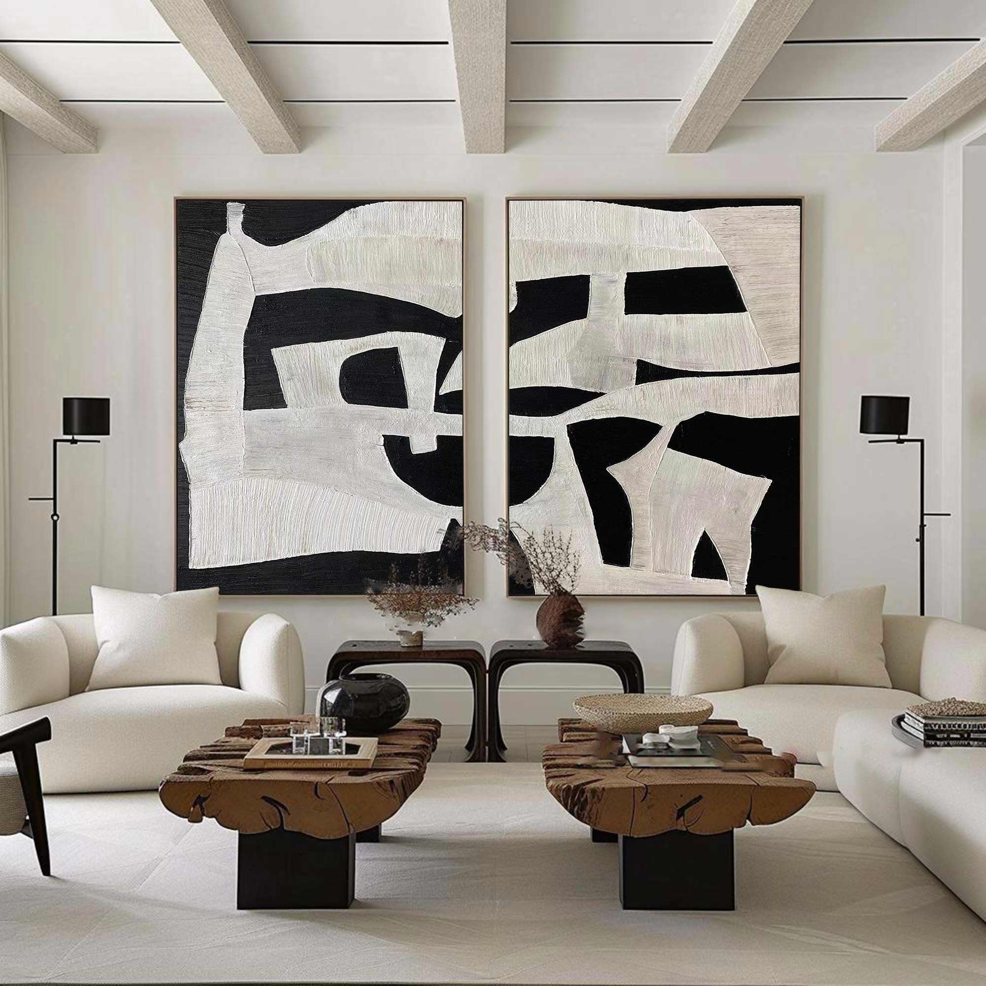 Wall Art Black White Abstract Minimalist Textured Diptych Living Room | Neutralighting