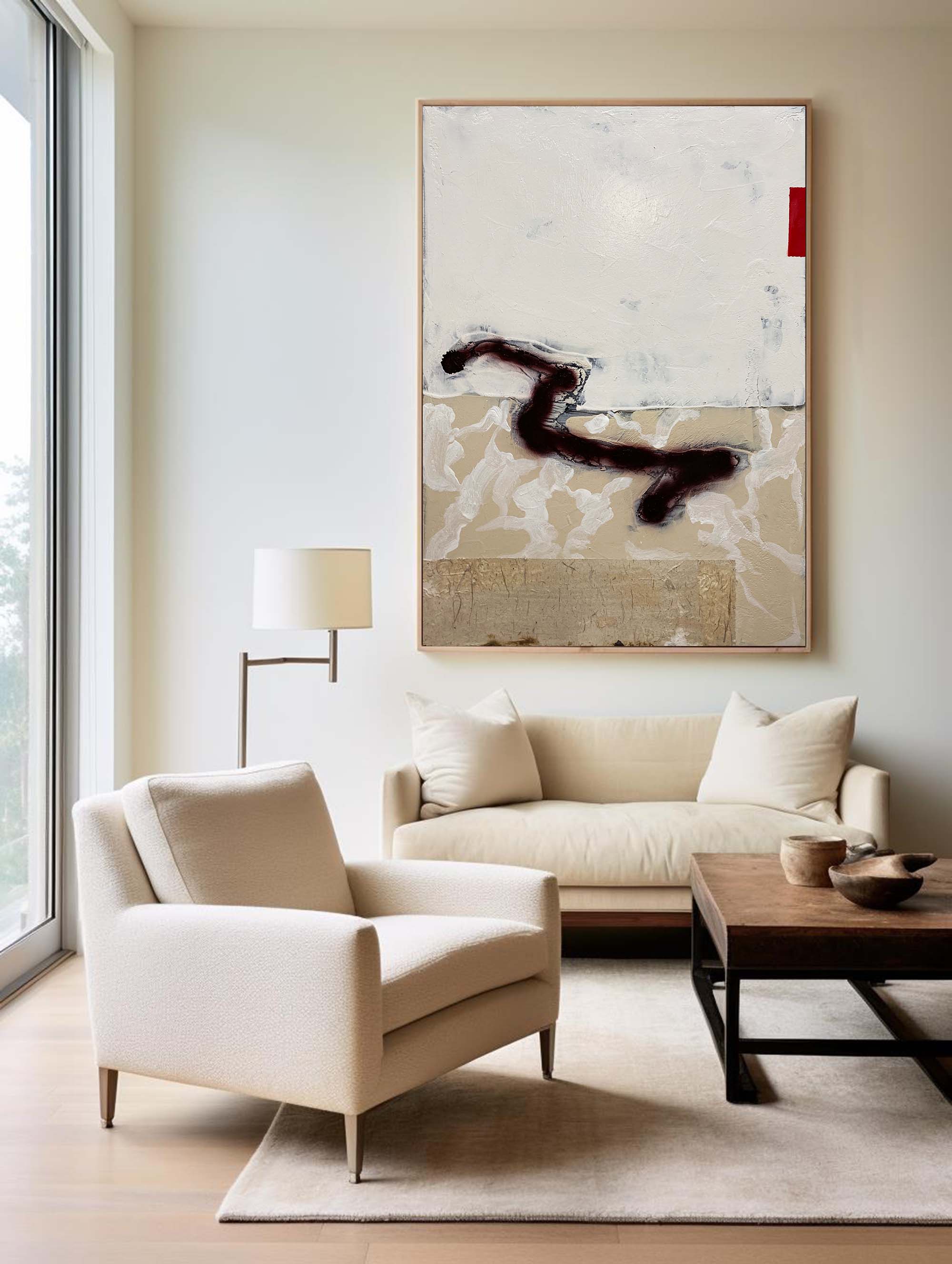 Abstract Beige Black Red Brush Stroke Oil Painting
