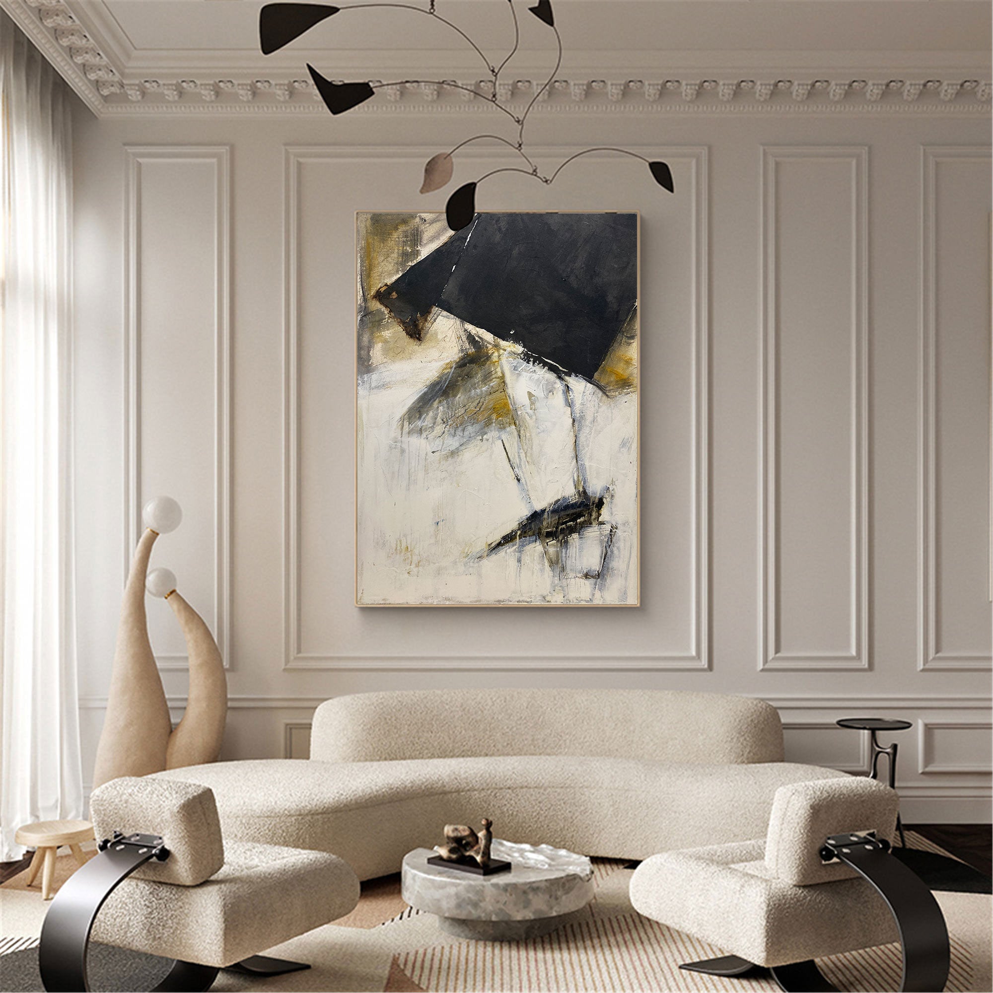 Black‑Gold Off‑White Vertical Geometric‑Fragment Impasto Artwork