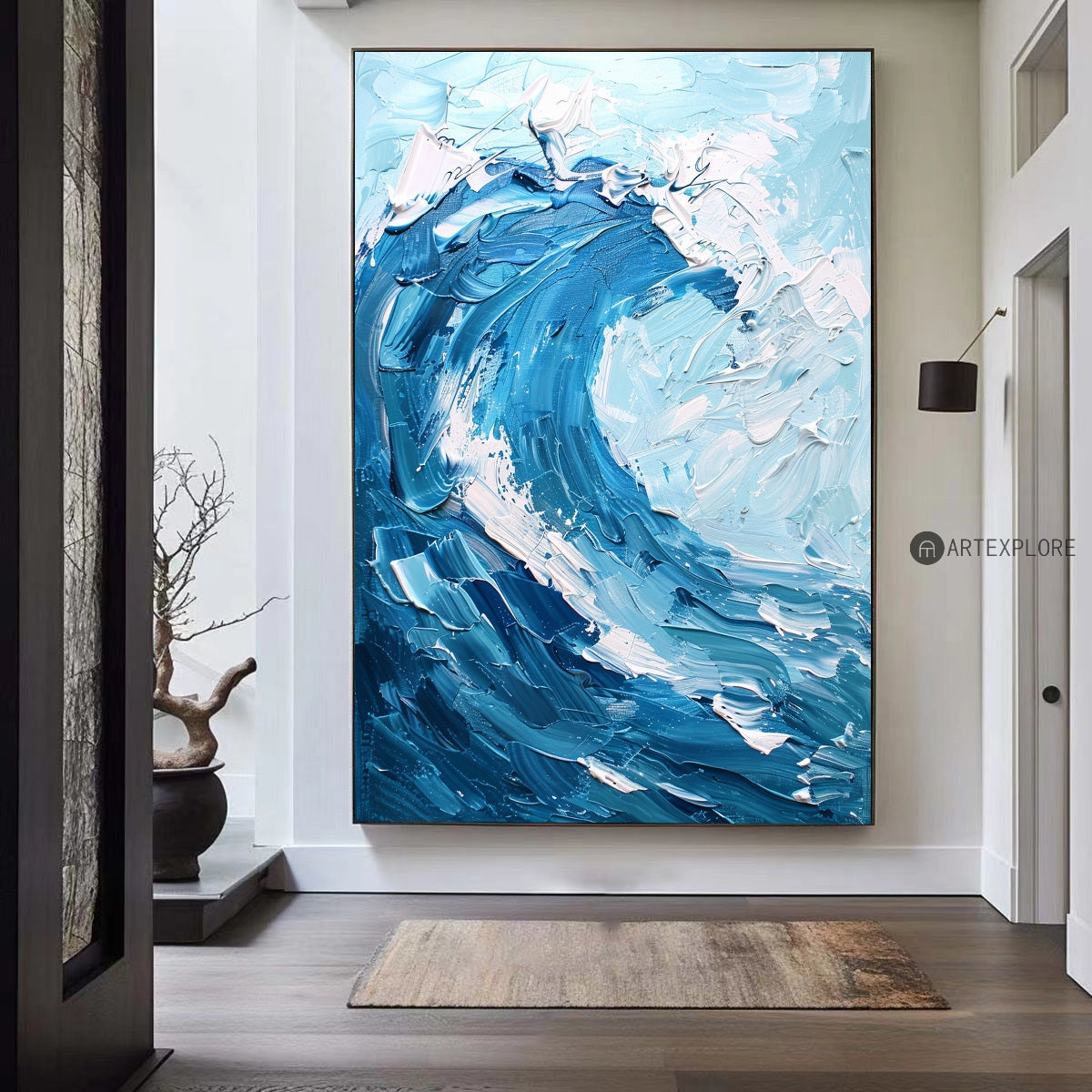 Crashing Ocean Surf Abstract Blue‑Tone Heavy Impasto Raised‑Texture Artwork