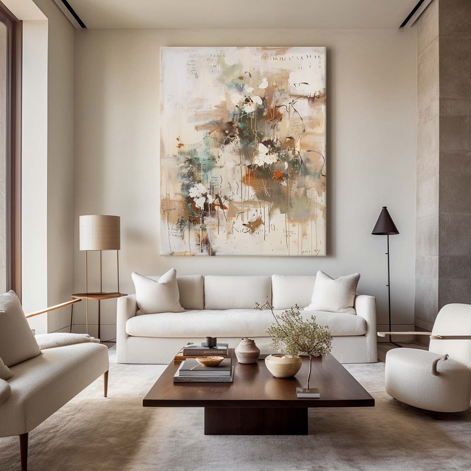 Wall Art Beige Floral Abstract Textured Canvas Living Room | Neutralighting