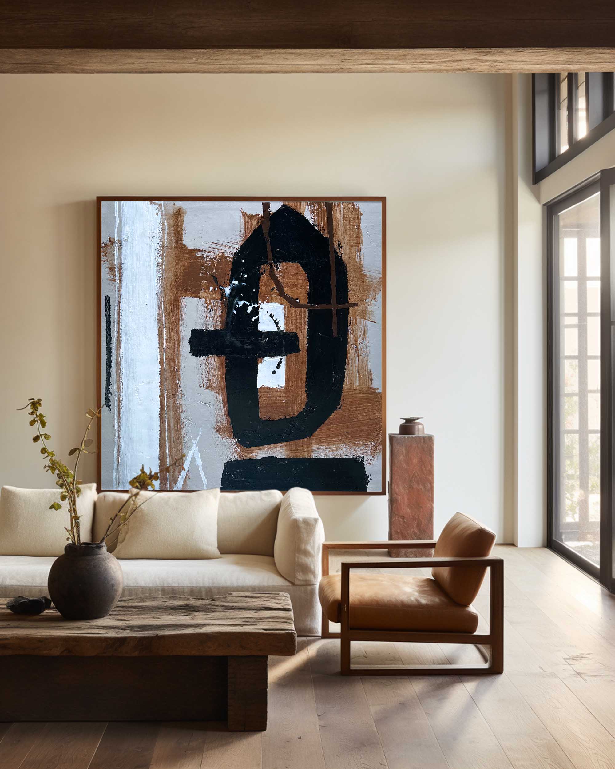 Earth‑Tone Abstract Gestural Art Framed Linen Canvas Wall Decoration