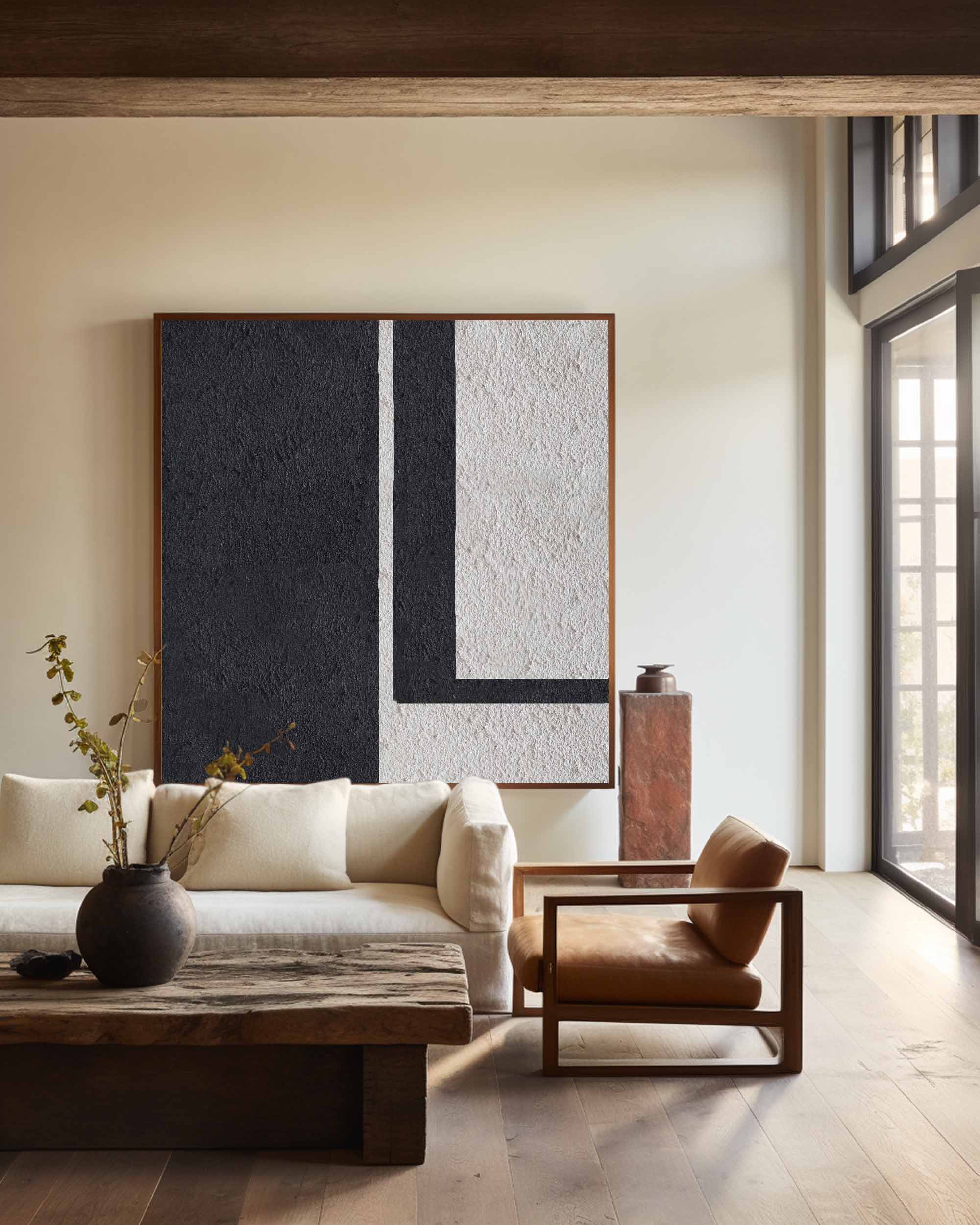 Black‑Off‑White Square Geometric L‑Shape Block Coarse‑Textured Artwork