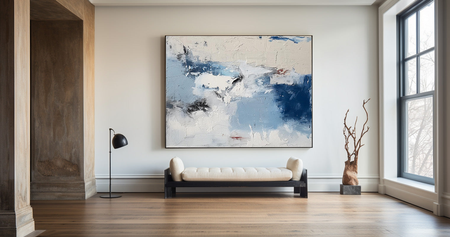 Cool‑Tone Blue‑White‑Grey Abstract Heavy Impasto Blended‑Hue Textured Artwor