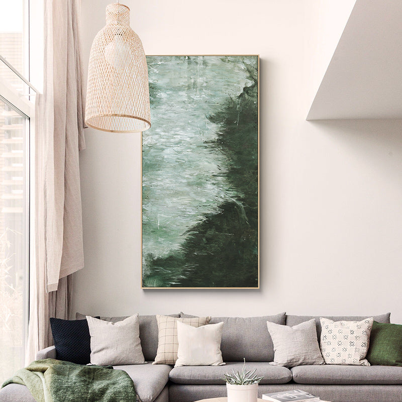Deep‑Green Vertical Marble‑Wash Layer‑Textured Framed Artwork