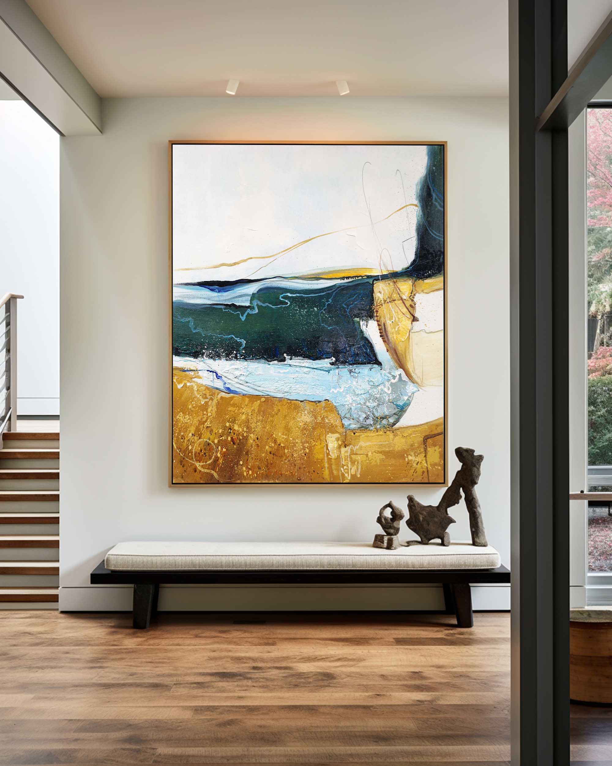 Coastal Abstract Blue Gold Organic Textured Wall Art