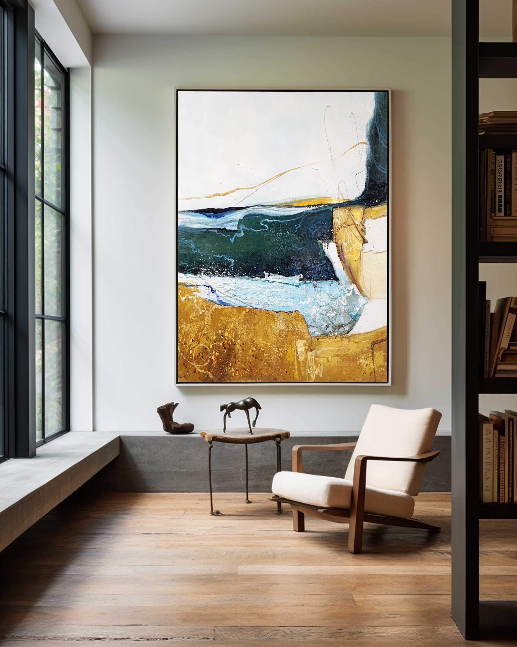 Coastal Abstract Blue Gold Organic Textured Wall Art