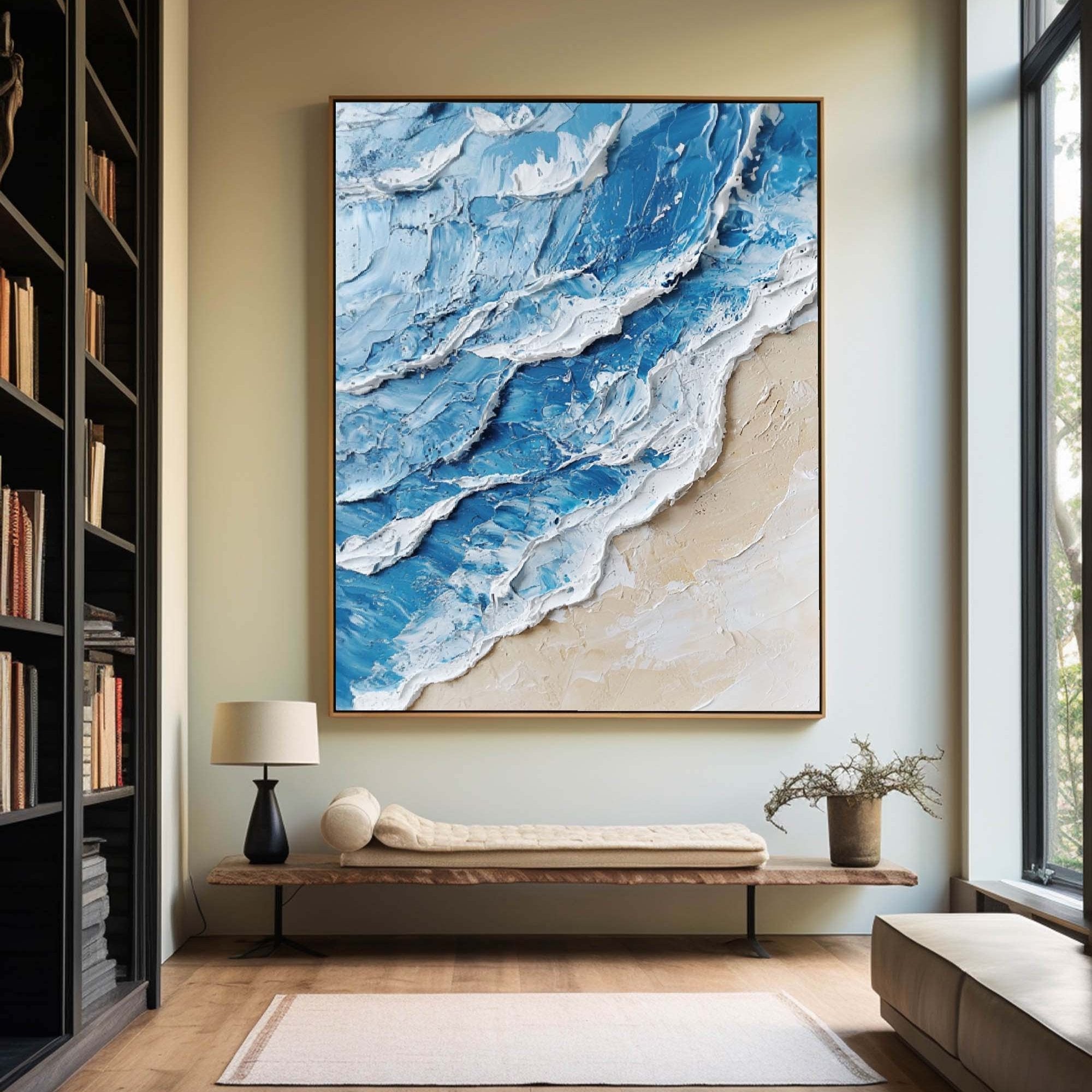 Seashore Wave Abstract Blue‑Beige Palette Heavy Raised Tactile Textured Artwork