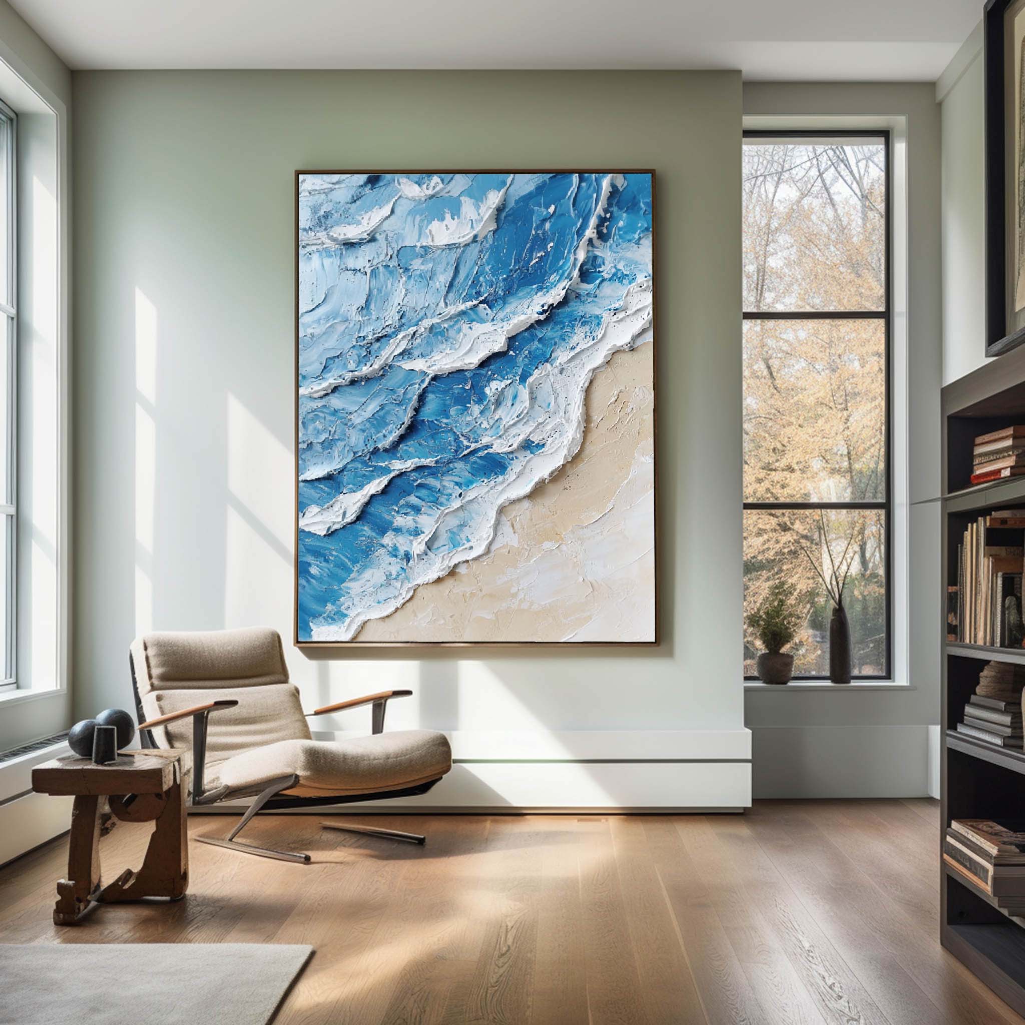 Seashore Wave Abstract Blue‑Beige Palette Heavy Raised Tactile Textured Artwork