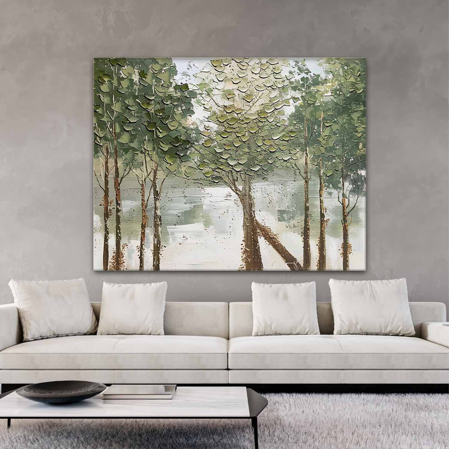 Canvas 3D Textured Lakeside Forest Landscape Painting