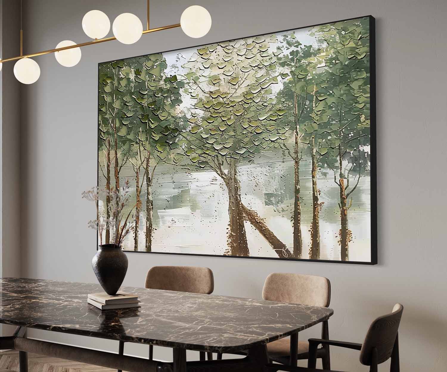Canvas 3D Textured Lakeside Forest Landscape Painting
