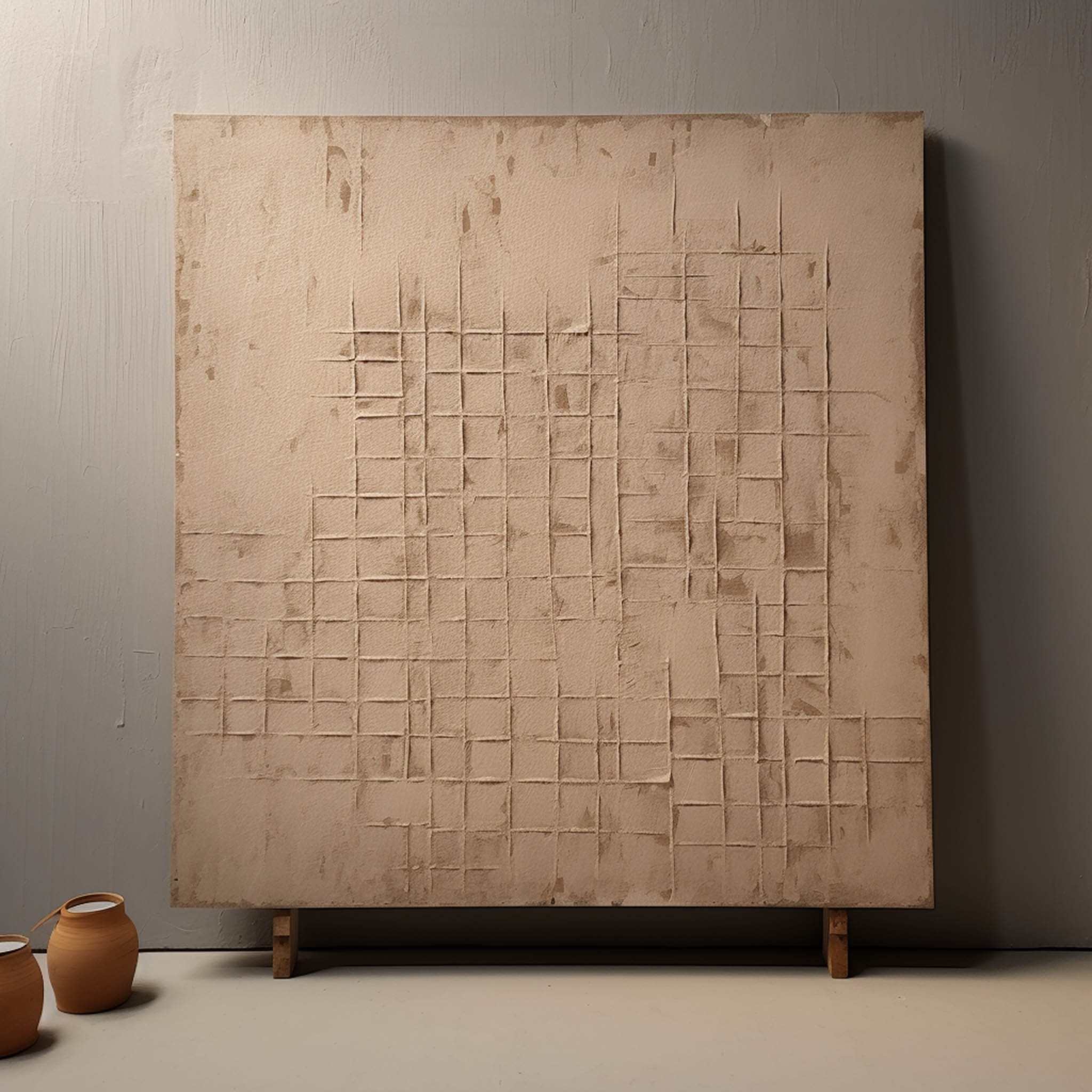 Wall Art Beige Grid Plaster Relief Canvas