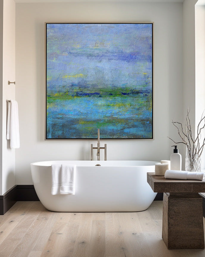 Blue‑Green‑Lavender Square Abstract Landscape Textured Artwork