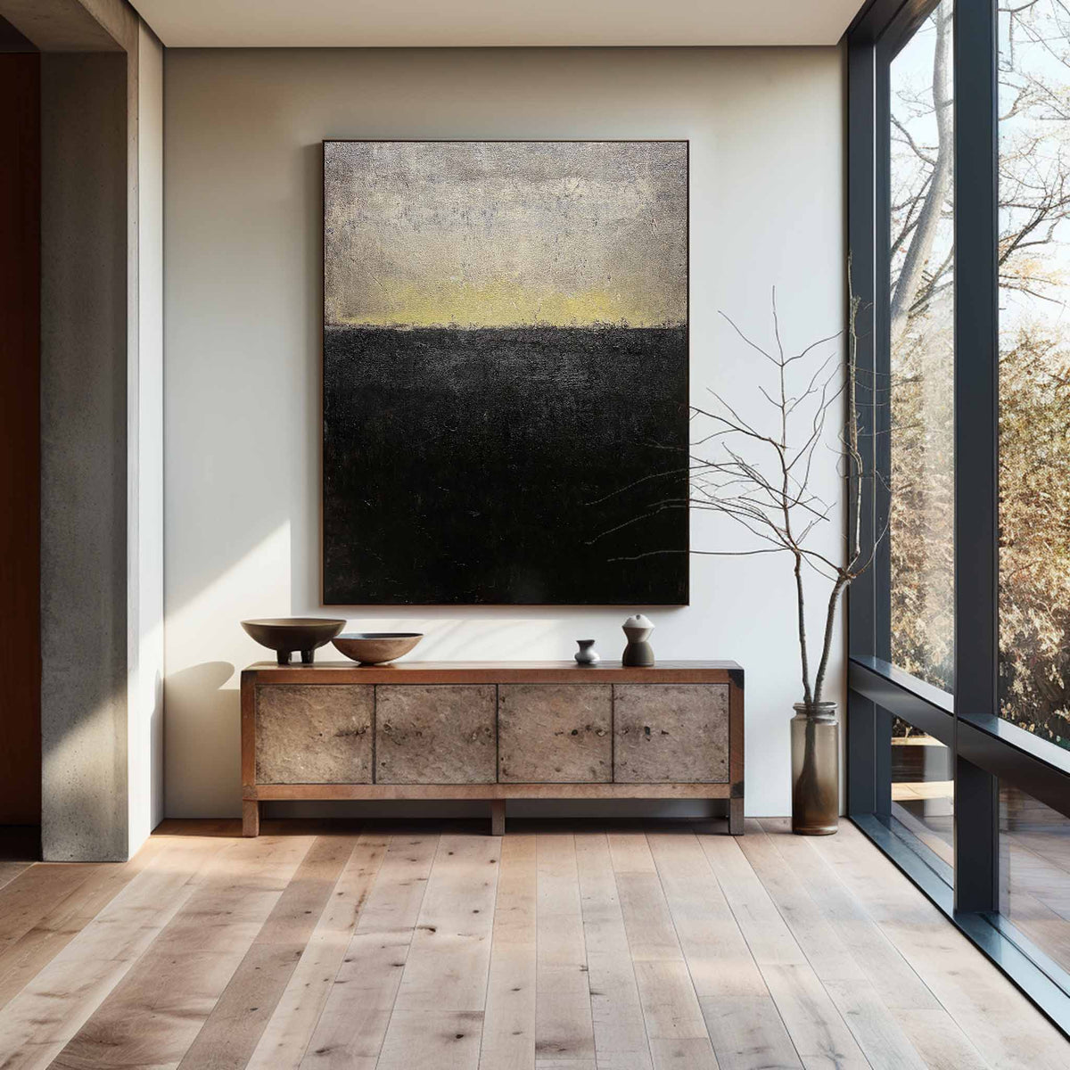 Minimalist Black Gold Grey Abstract Landscape Oil Painting