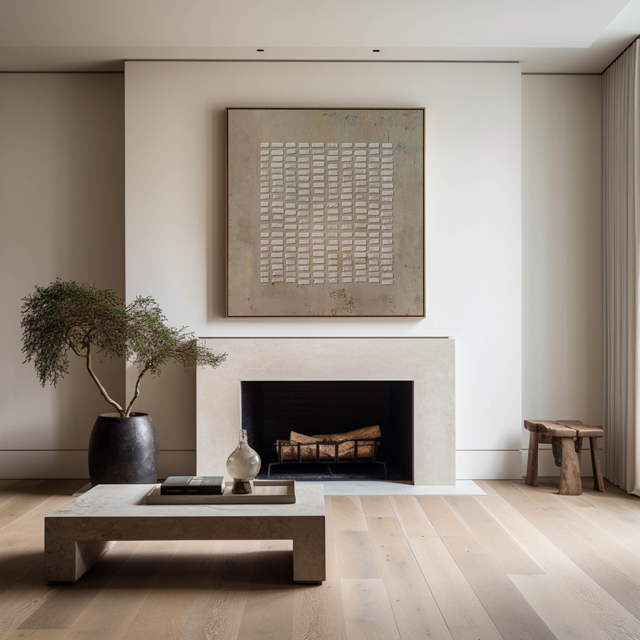 Modern Beige Grid Geometric Abstract Textured Wall Art