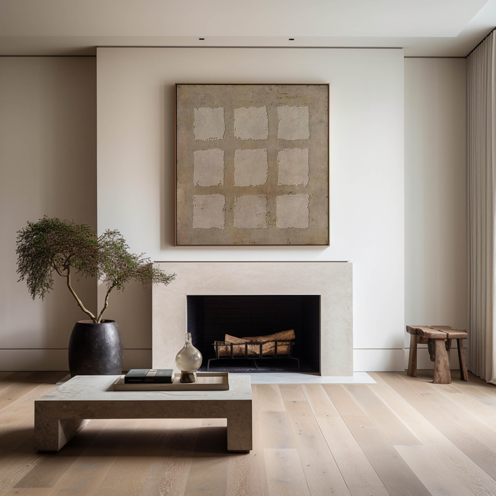 Wall Art Neutral Geometric Squares Textured Minimalist Wabi-Sabi Texture Living Room | Neutralighting