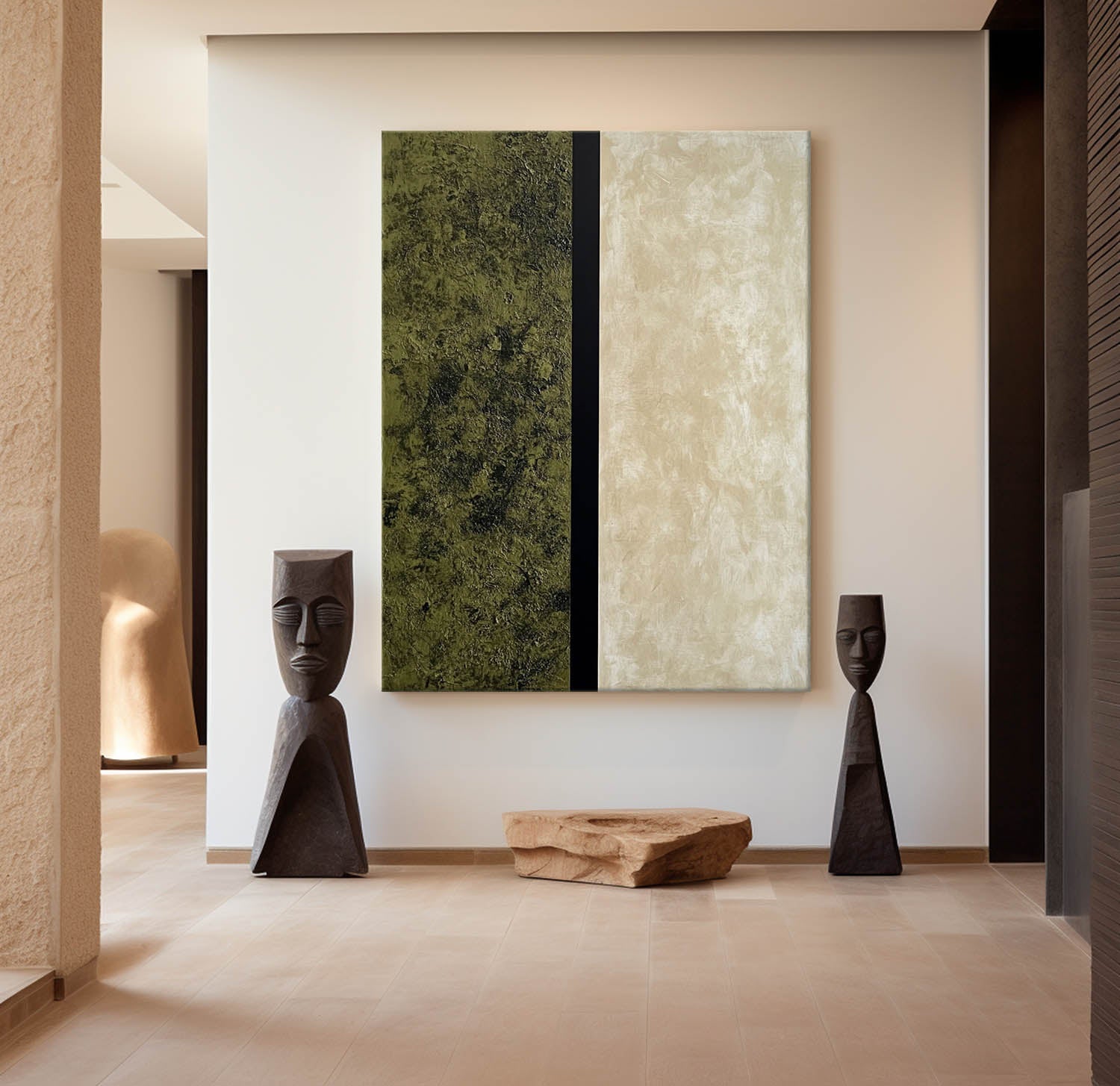 Olive Green Beige Minimalist Abstract Painting