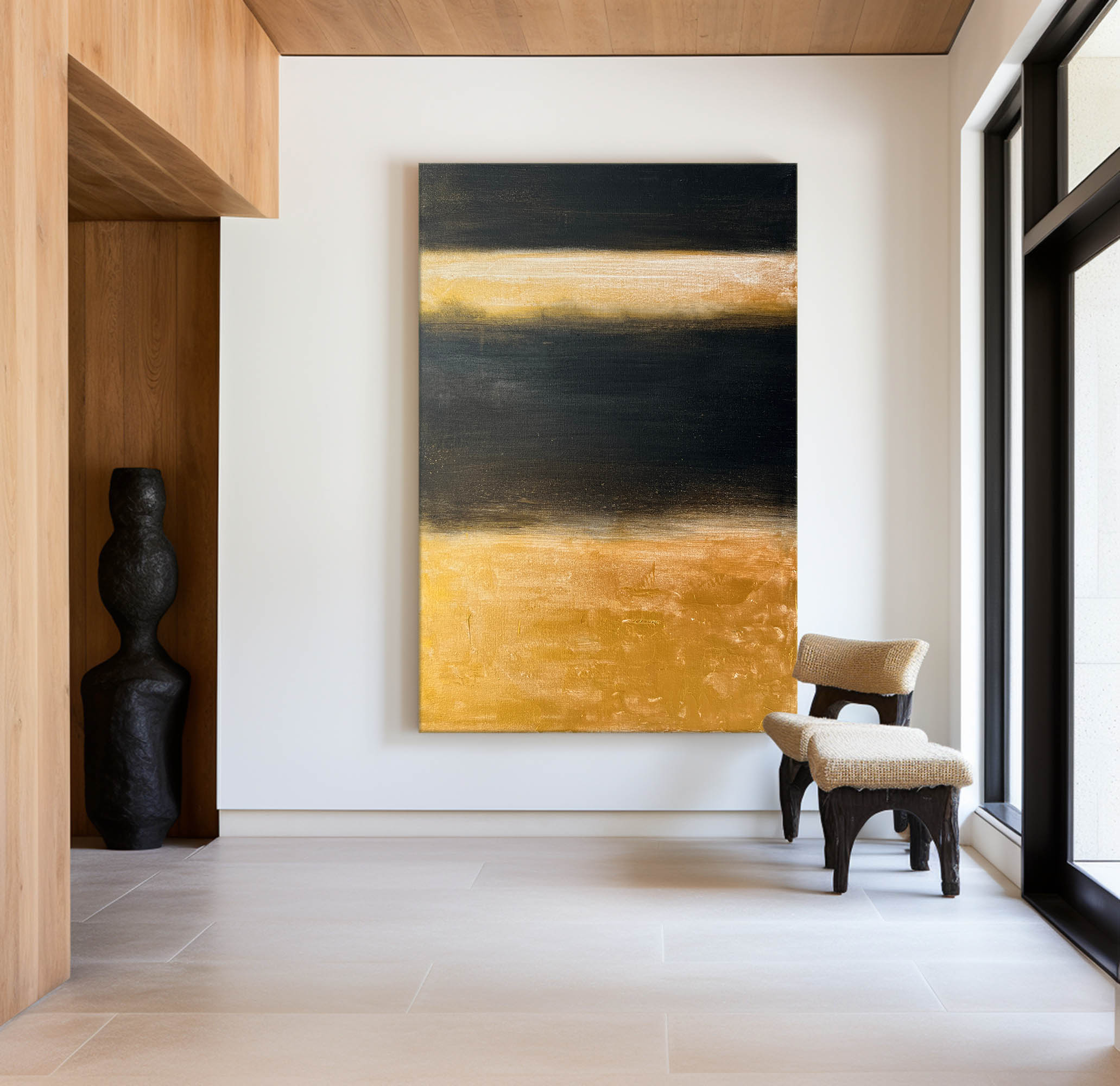 Luxury Gold Black Abstract Linen Painting