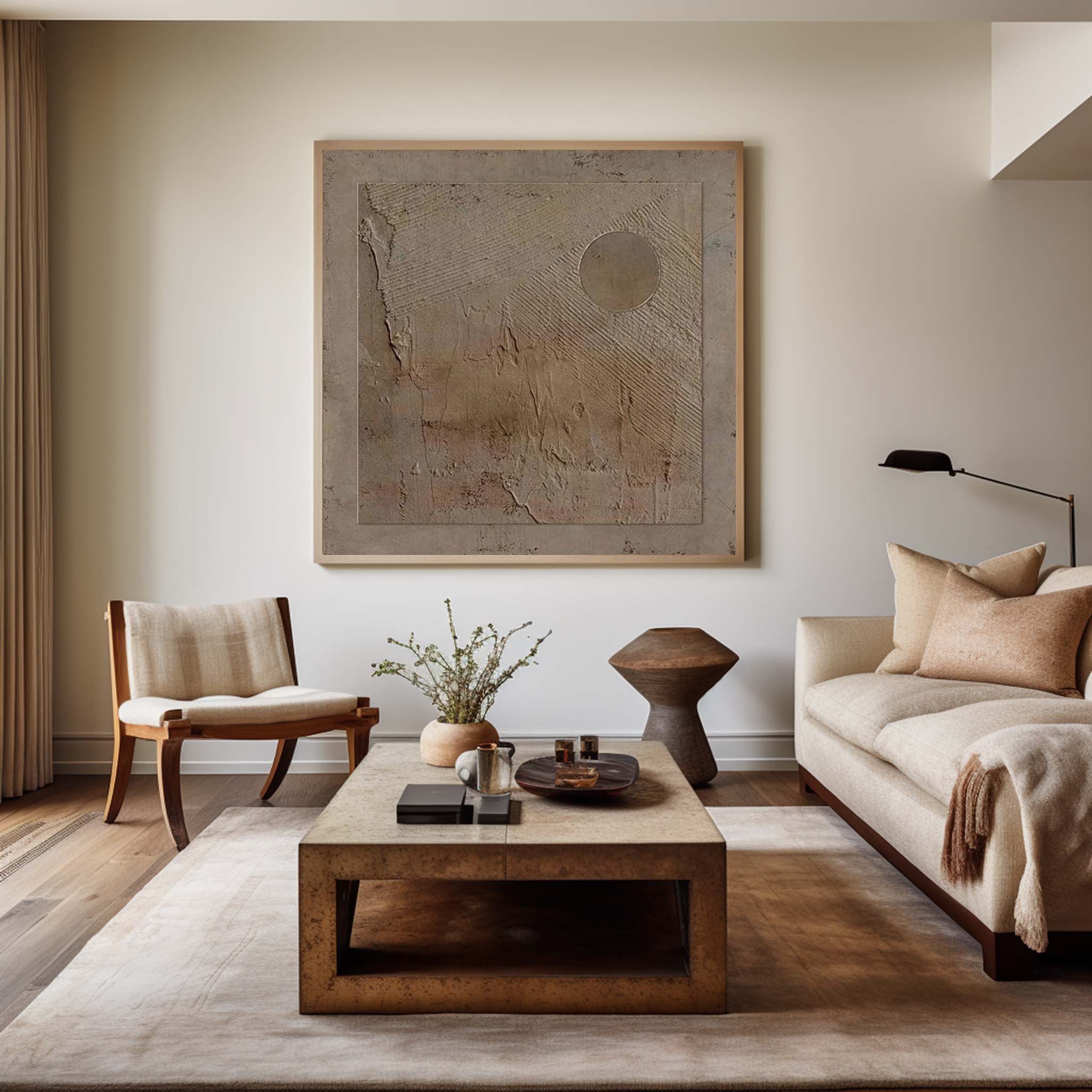Taupe‑Beige Square Circle‑Motif Distressed‑Textured Artwork