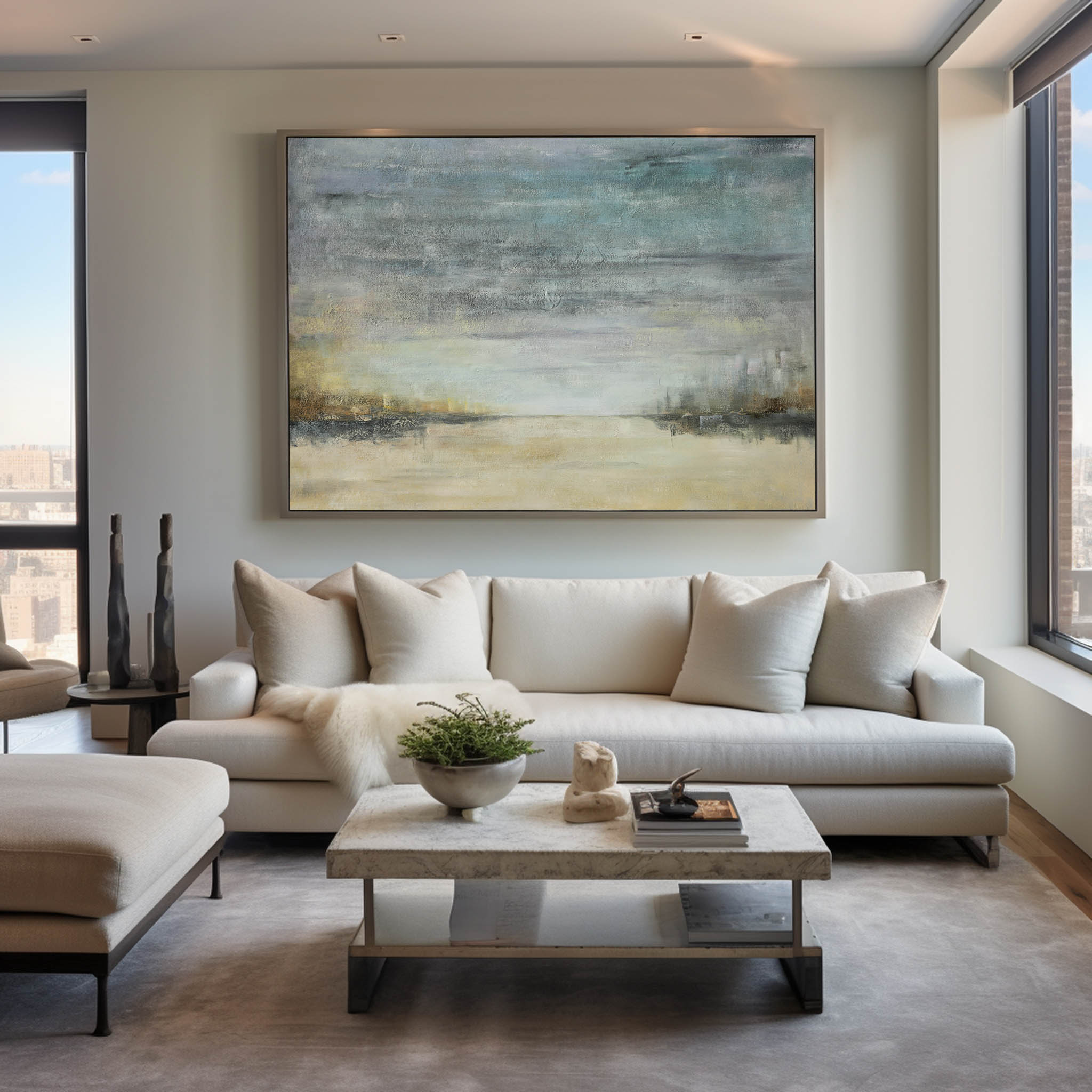 Teal‑Beige‑Gold Horizontal Abstract Coastal Seascape Textured Artwork