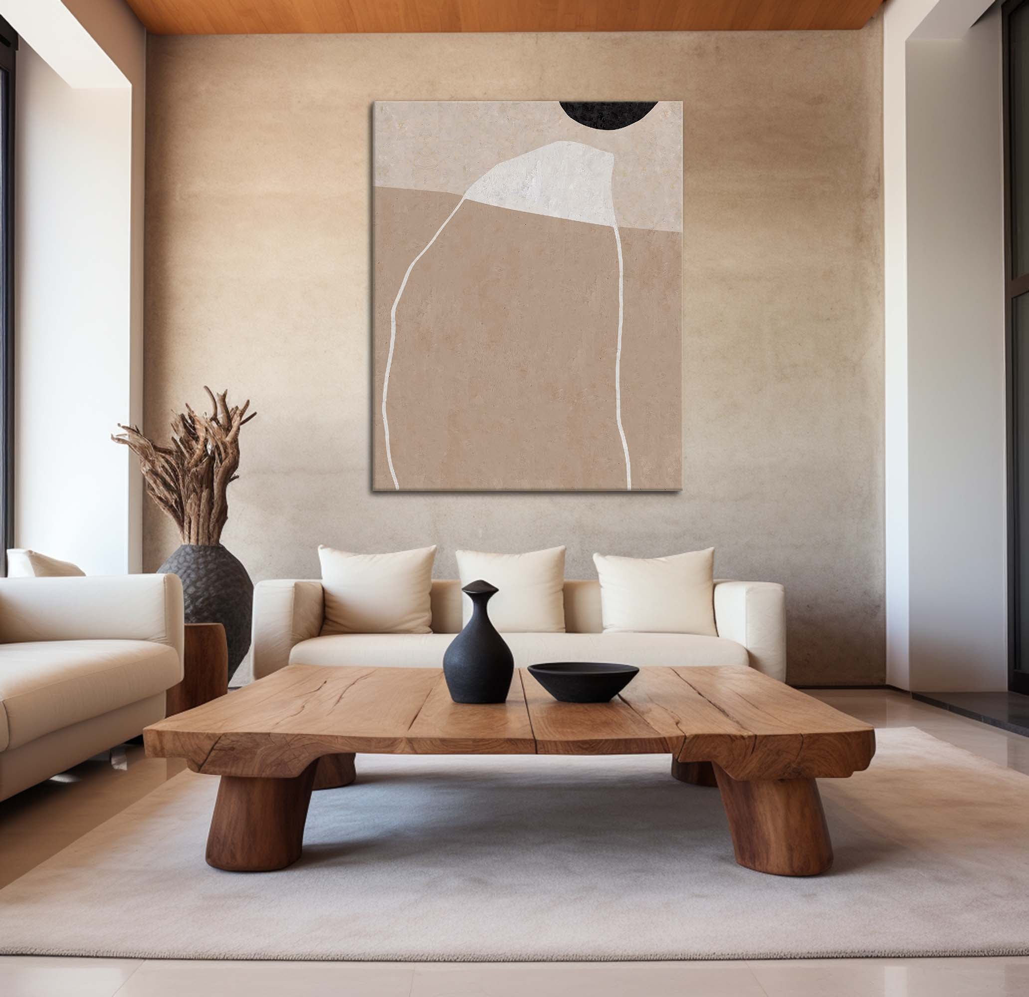 Taupe‑Beige Vertical Abstract‑Shape Line‑Textured Artwork