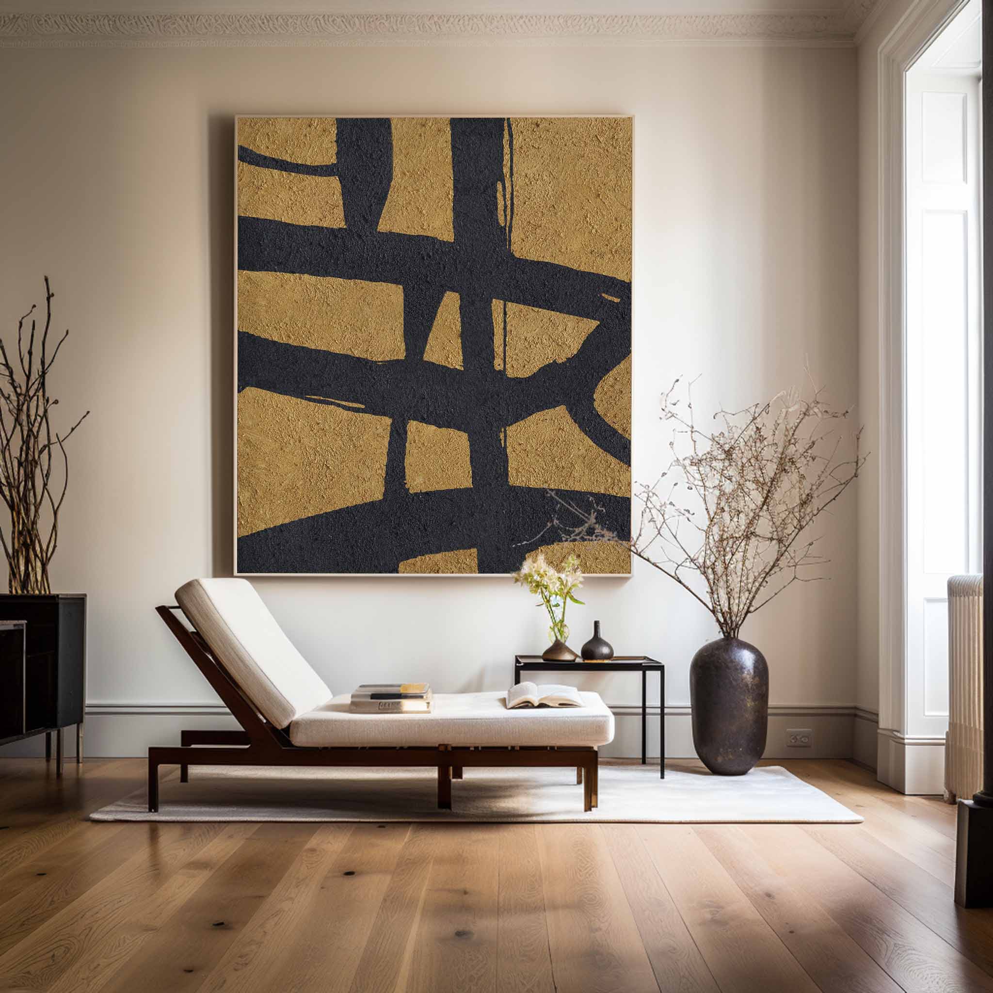 Gold‑Black Vertical Abstract Interwoven‑Line Coarse‑Textured Artwork
