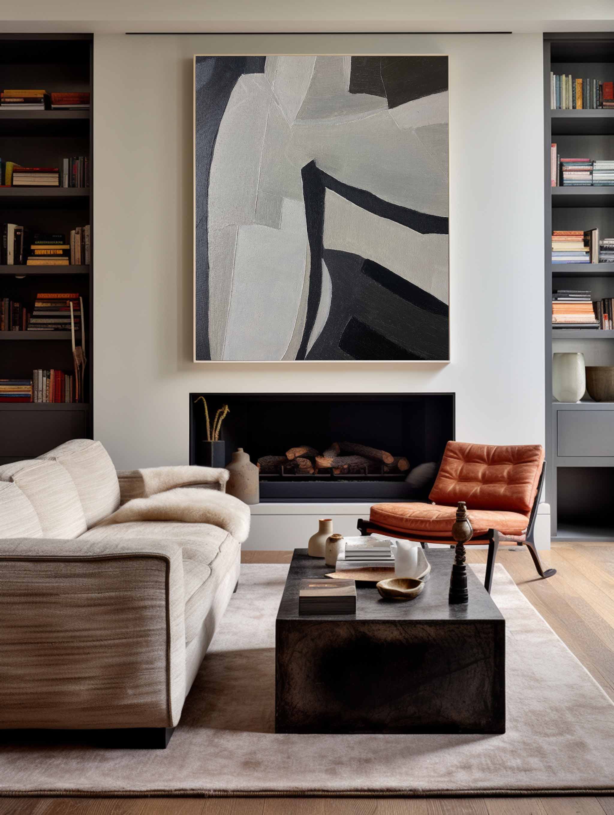 Black‑Grey‑Off‑White Vertical Curved‑Block Textured Artwork
