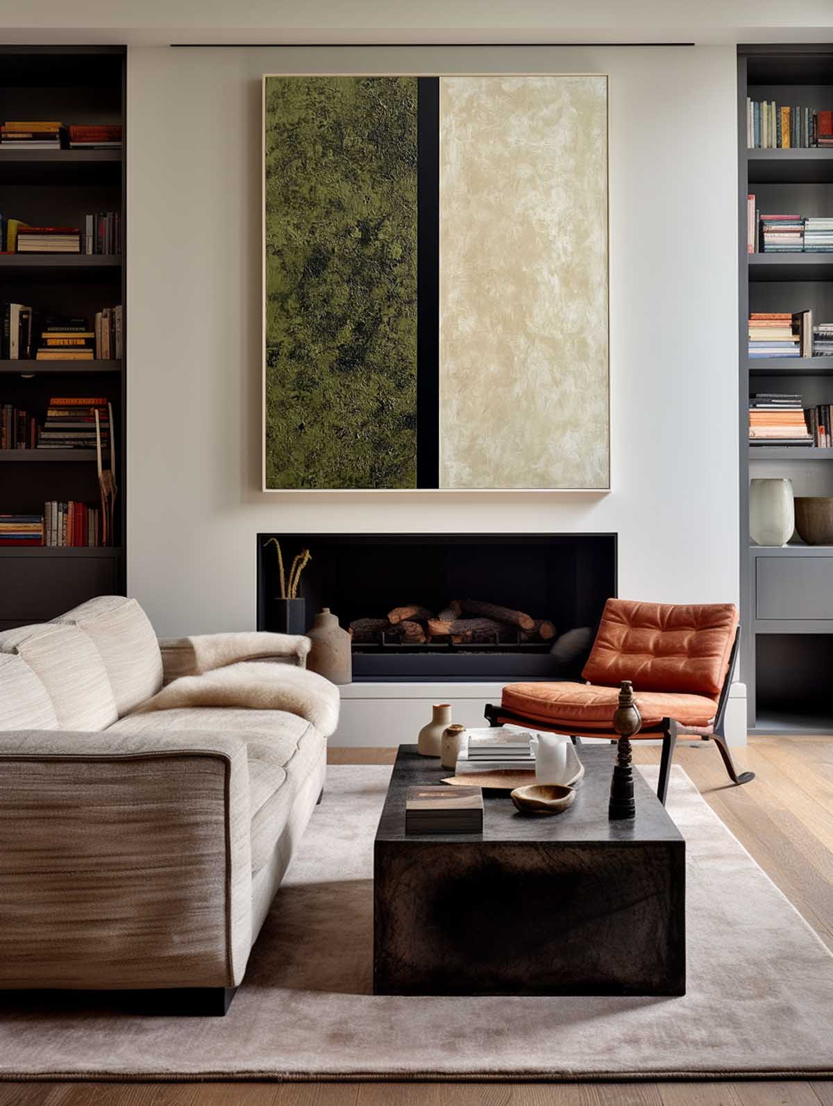 Olive Green Beige Minimalist Abstract Painting