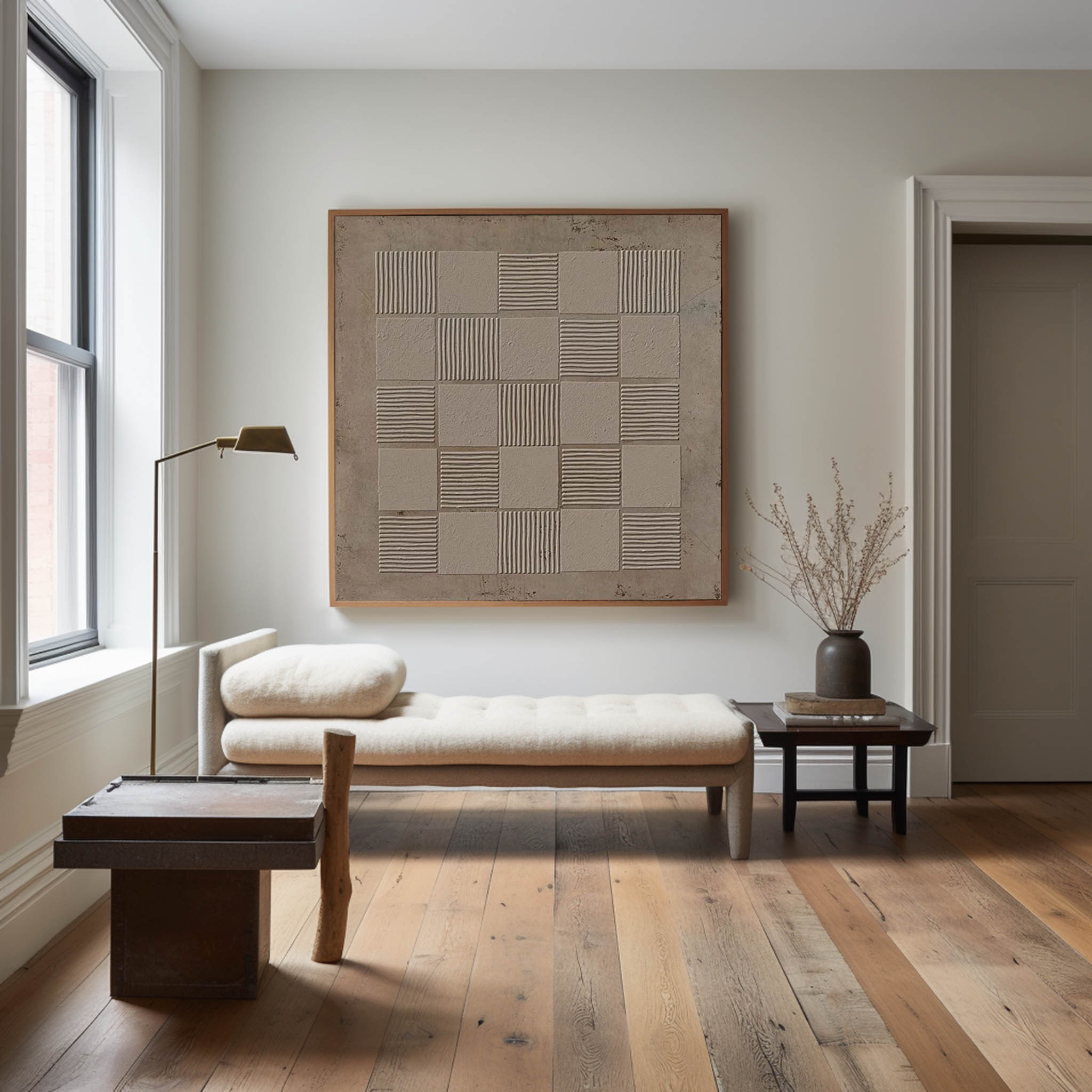 Beige‑Taupe Square Grid‑Line Raised‑Textured Artwork