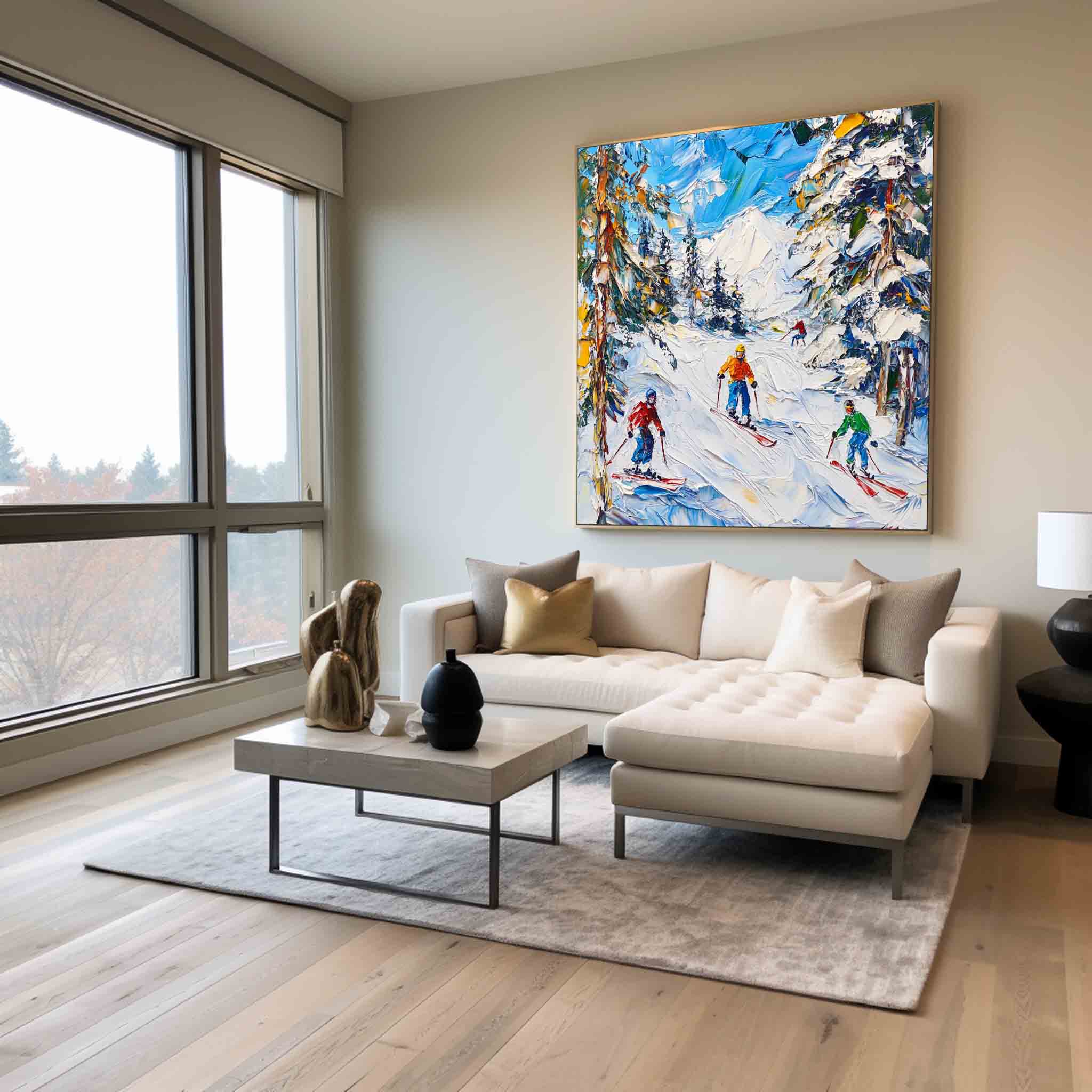 Vibrant Winter Ski Mountain Scene Bold Color Thick Impasto Textured Artwork