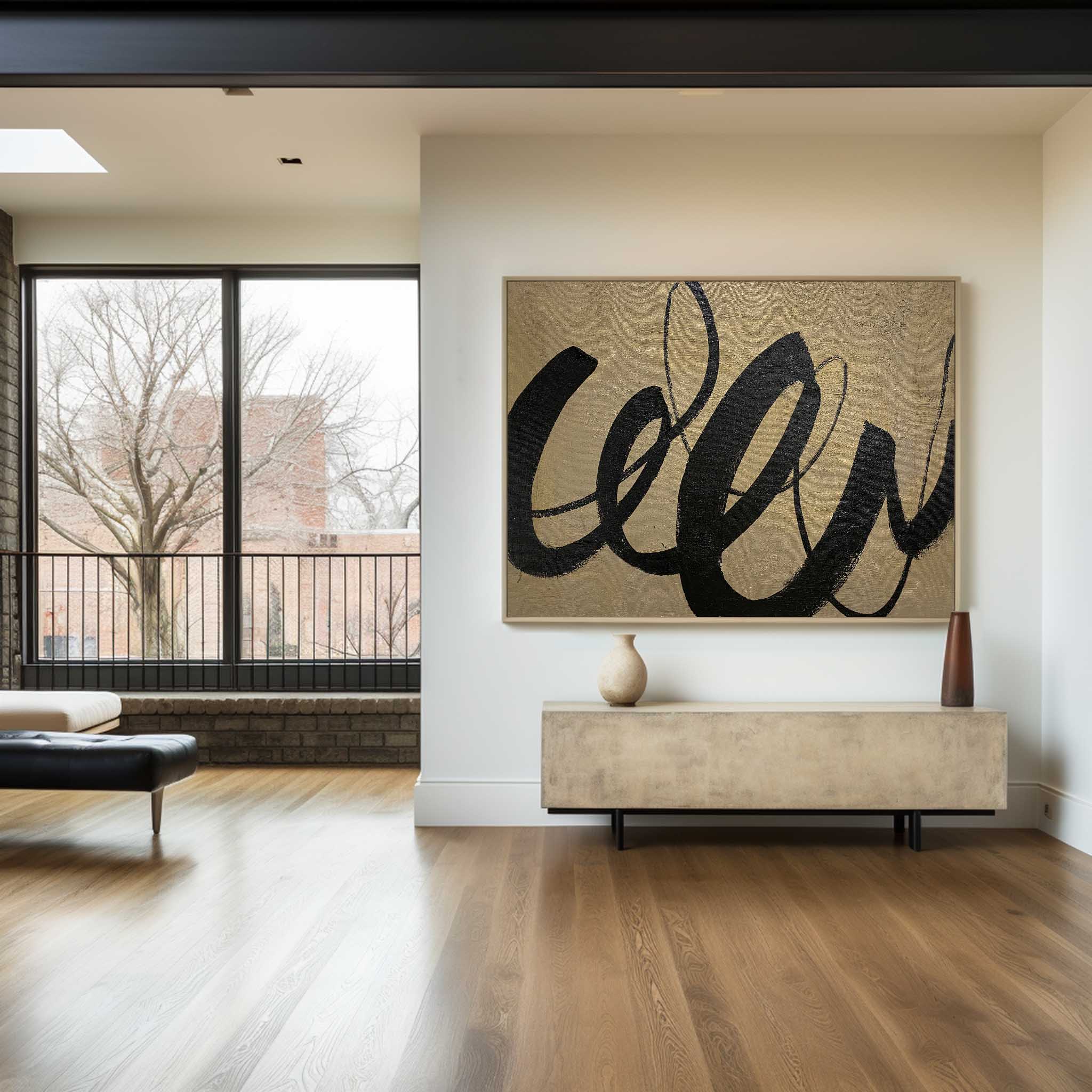 Gestural Calligraphic Abstract Unstretched Linen Canvas Wall Decoration