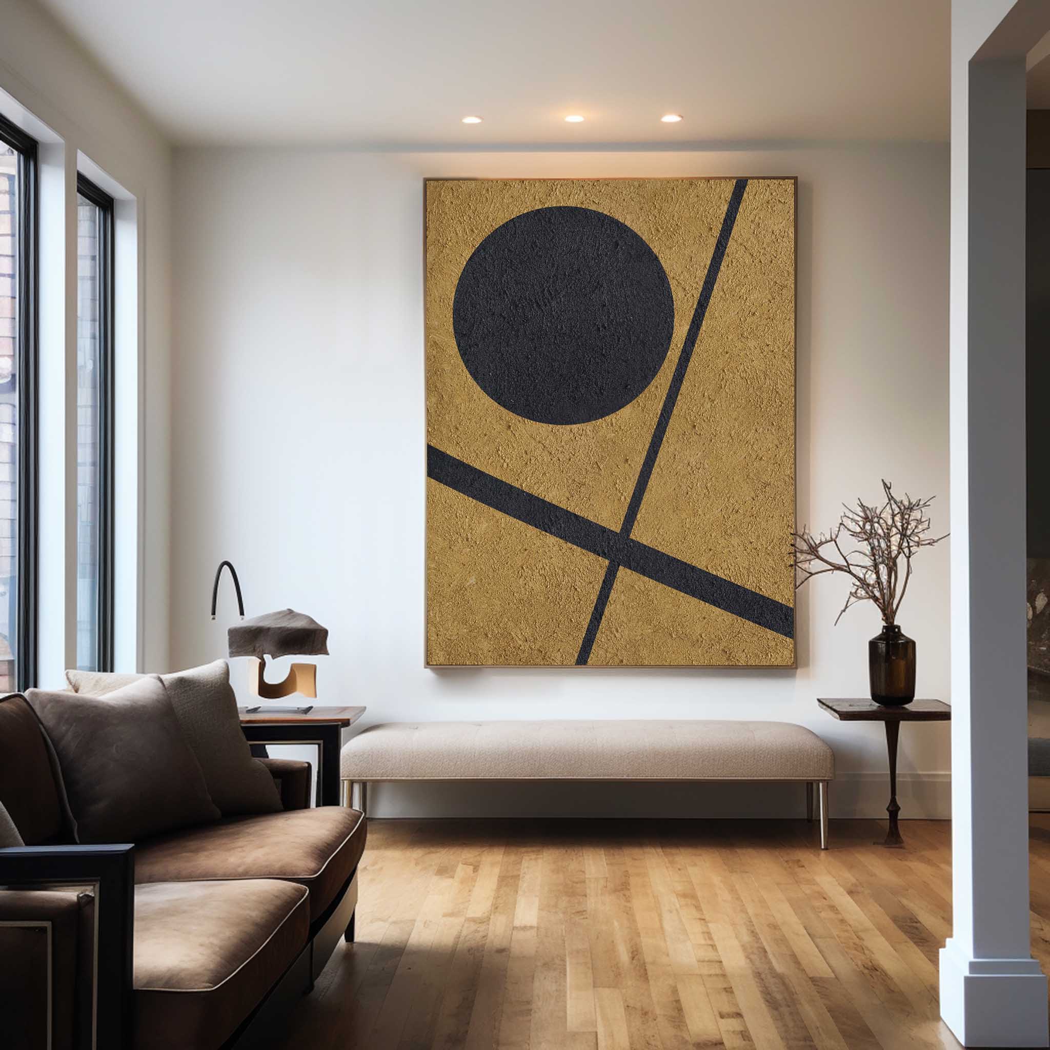 Gold‑Black Vertical Geometric Circle‑Line Coarse‑Textured Artwork