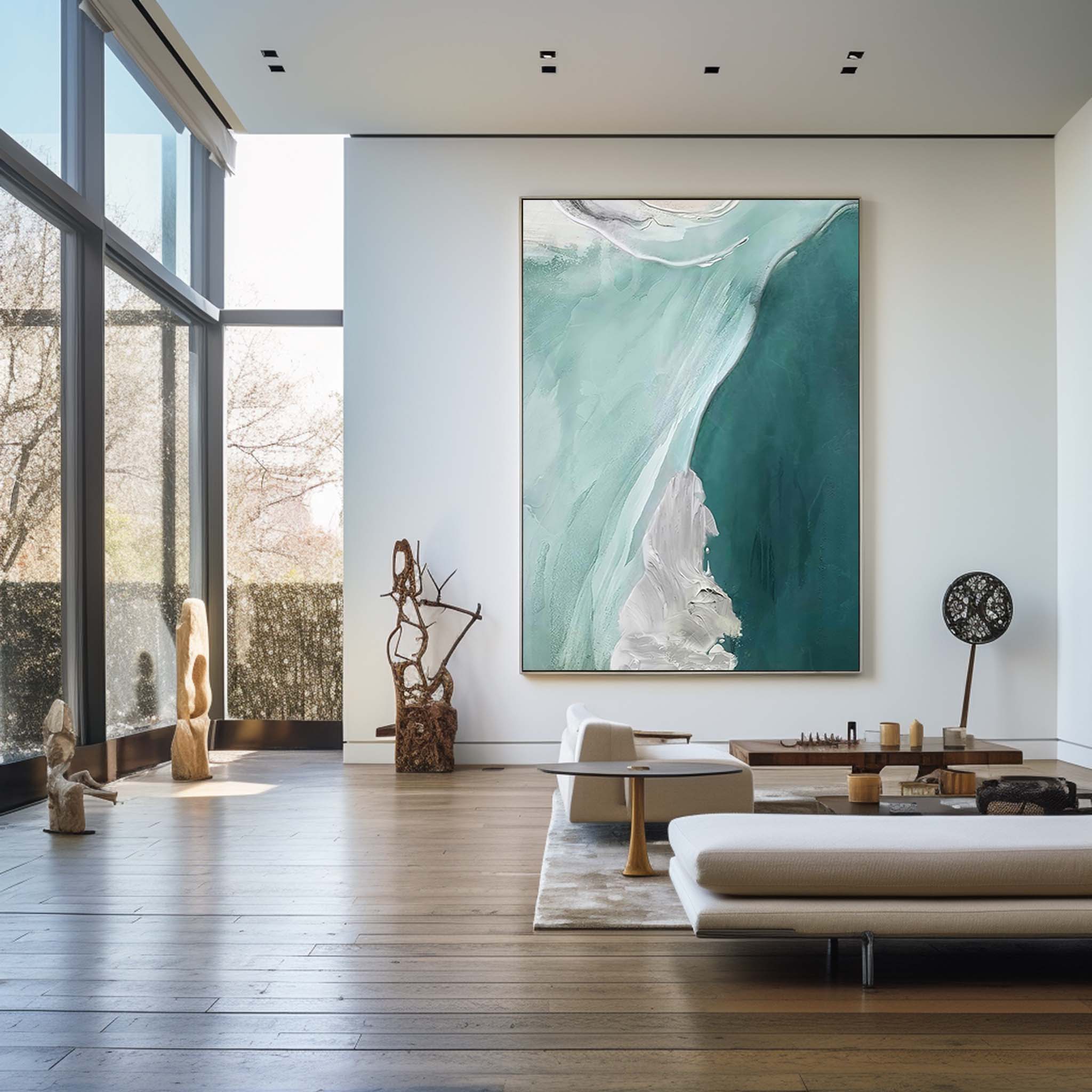 Abstract Teal White Fluid Coastal Waves Oil Acrylic Linen Canvas Painting