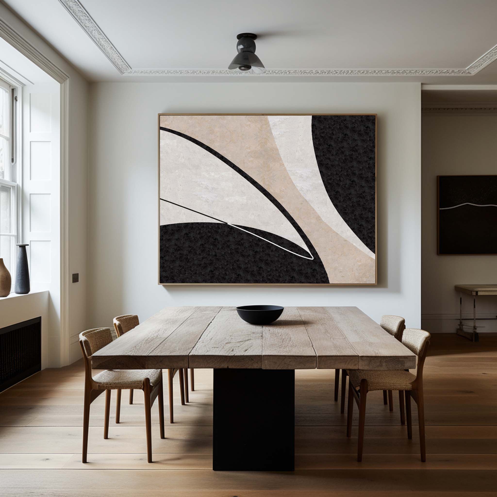 Black‑Beige Horizontal Curved‑Sector Grain‑Textured Artwork