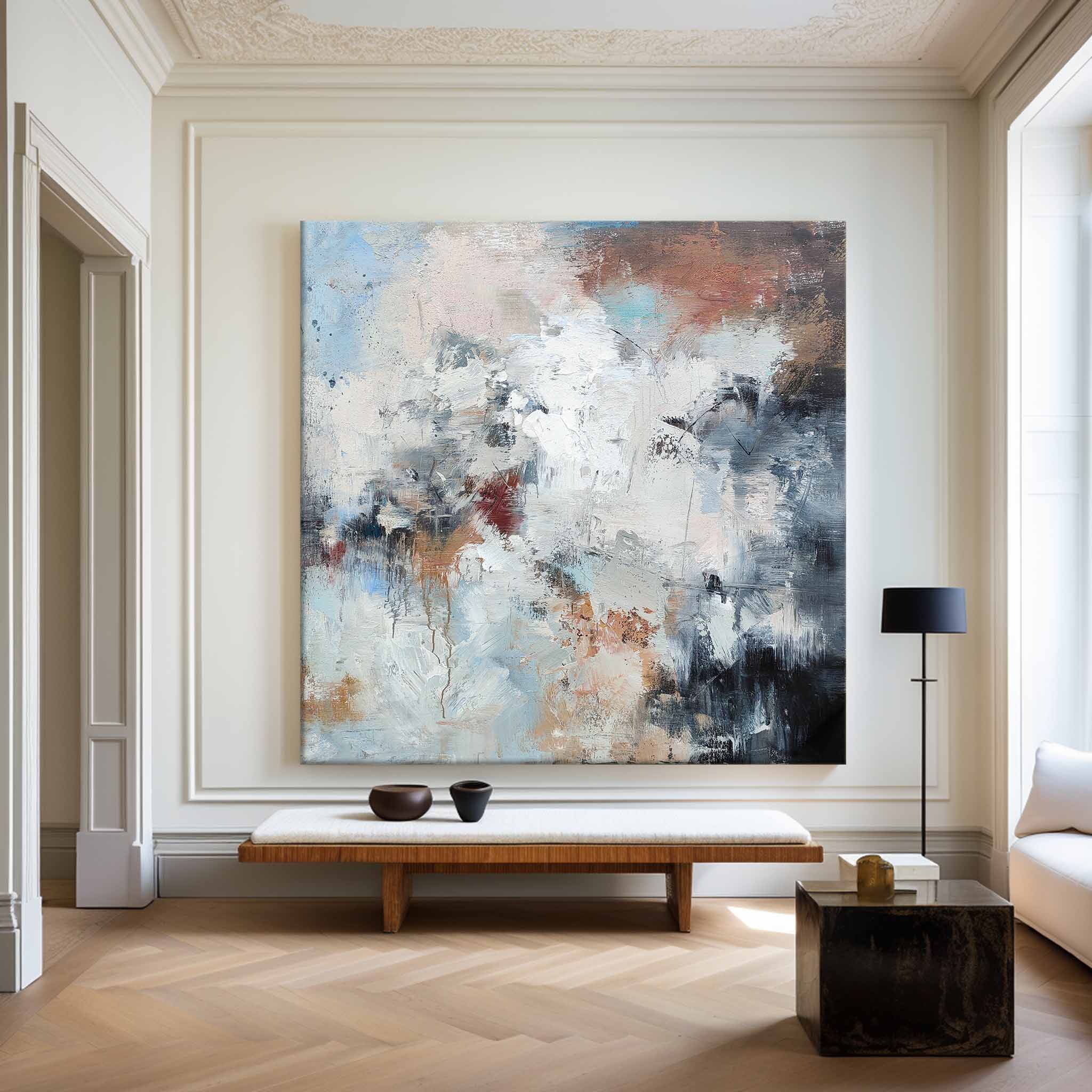 Blue‑White‑Terracotta Square Abstract Earth‑Tone Layered‑Texture Artwork