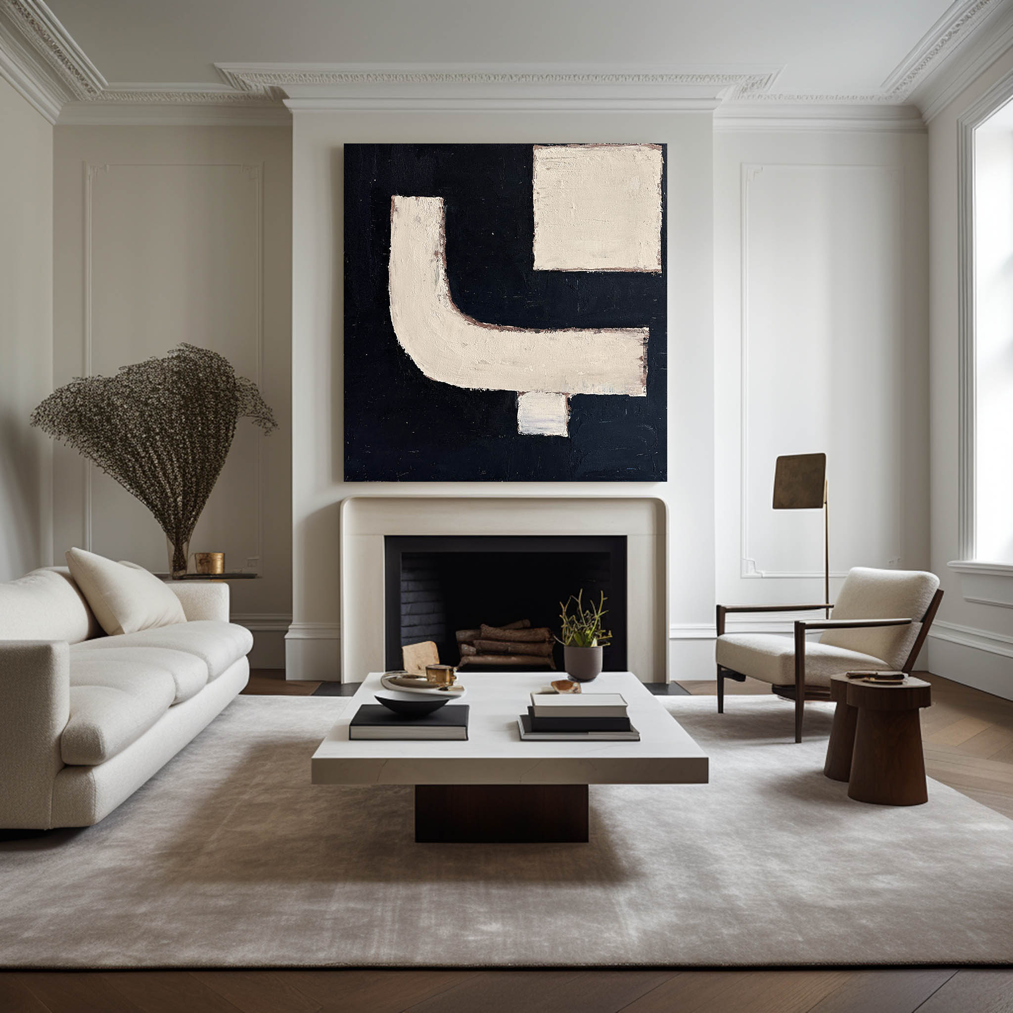 Black‑Cream Square Geometric‑Block Impasto‑Textured Artwork