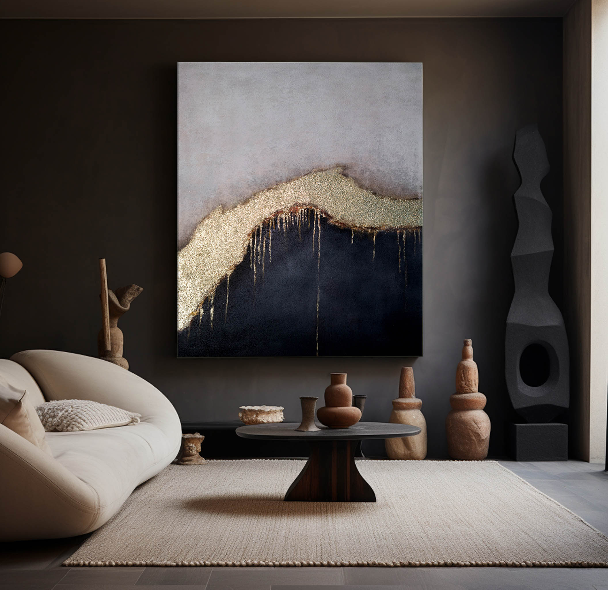 Grey‑Black Vertical Gold‑Drip Metallic Abstract Textured Artwork